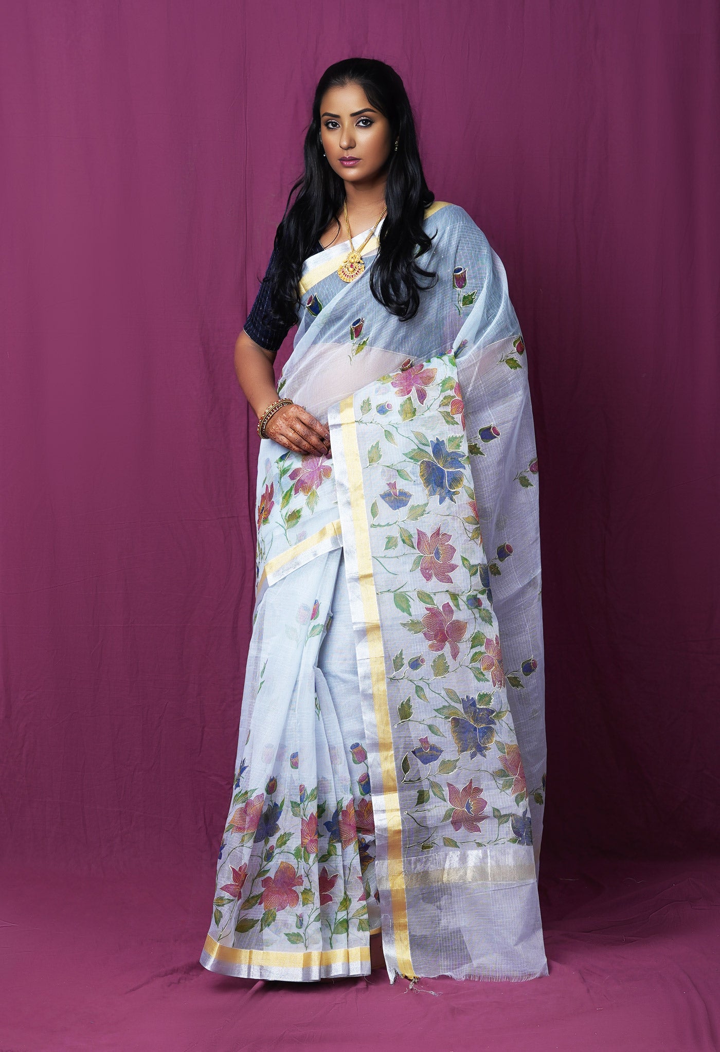 Grey Pure Hand Painted With Emboridery Kota Saree-UNM82518