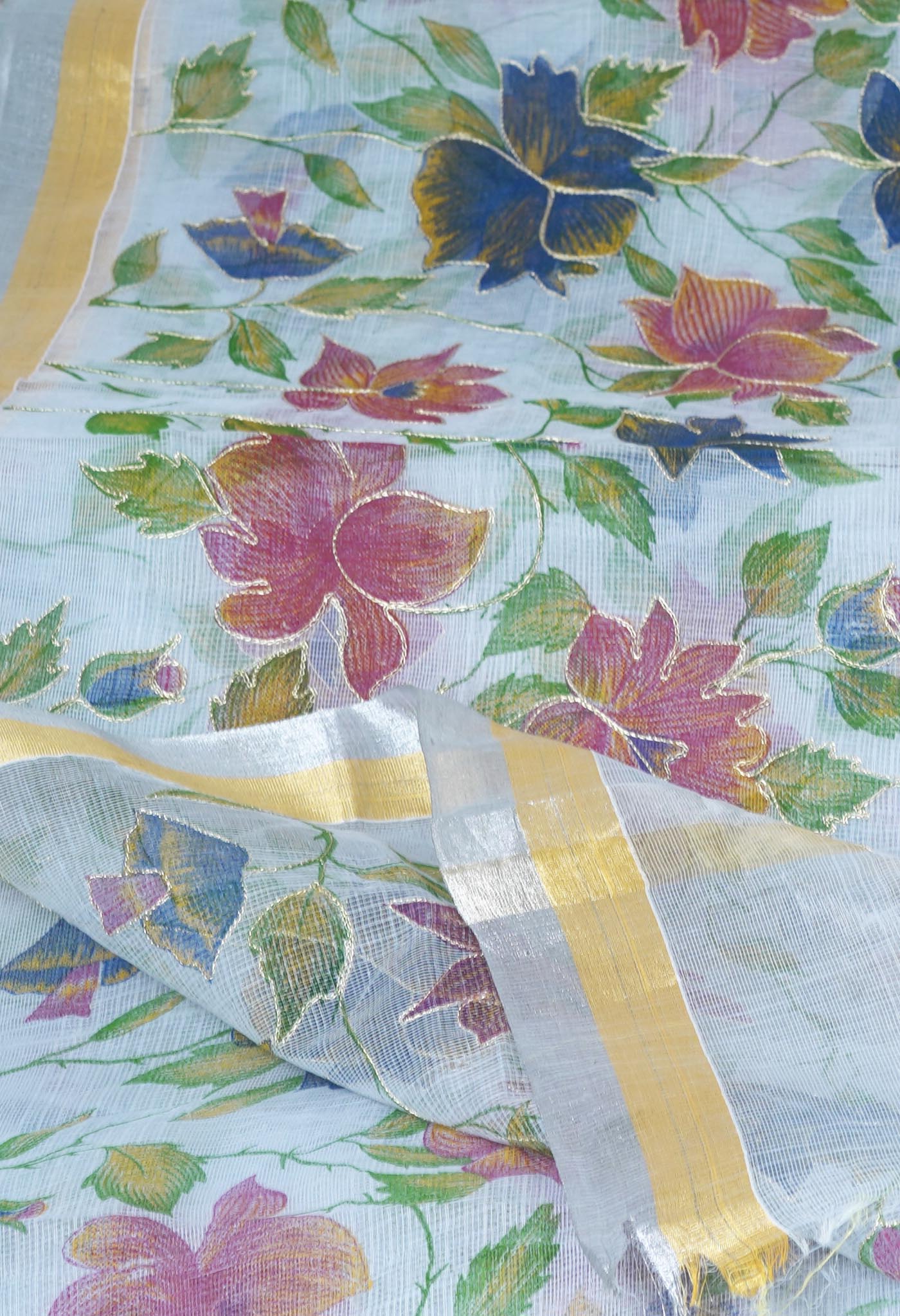 Grey Pure Hand Painted With Emboridery Kota Saree-UNM82518