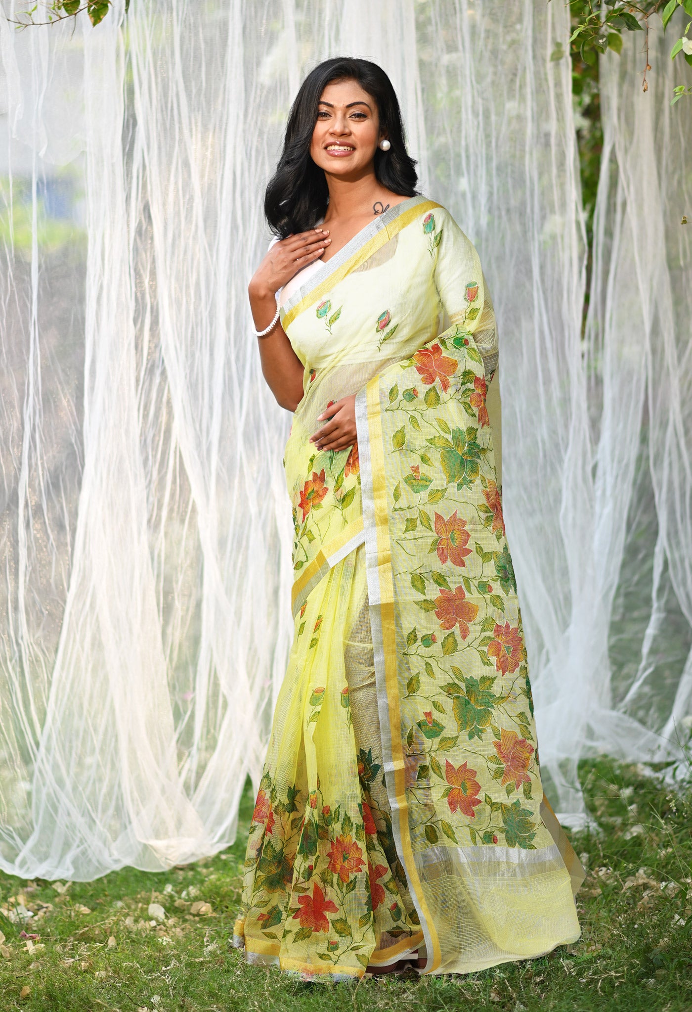 Yellow Pure Hand Painted With Emboridery Kota Saree-UNM82519