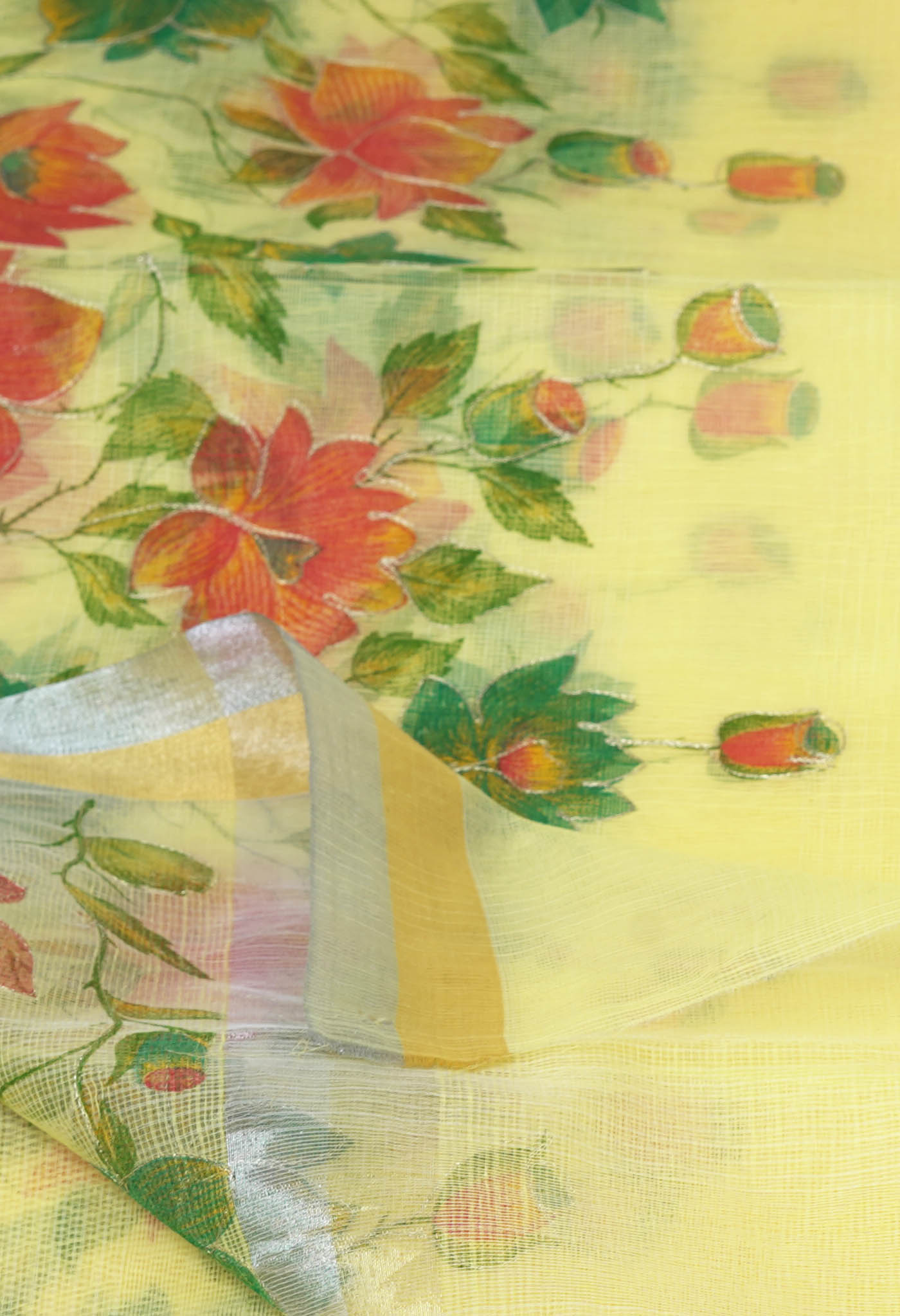 Yellow Pure Hand Painted With Emboridery Kota Saree-UNM82519