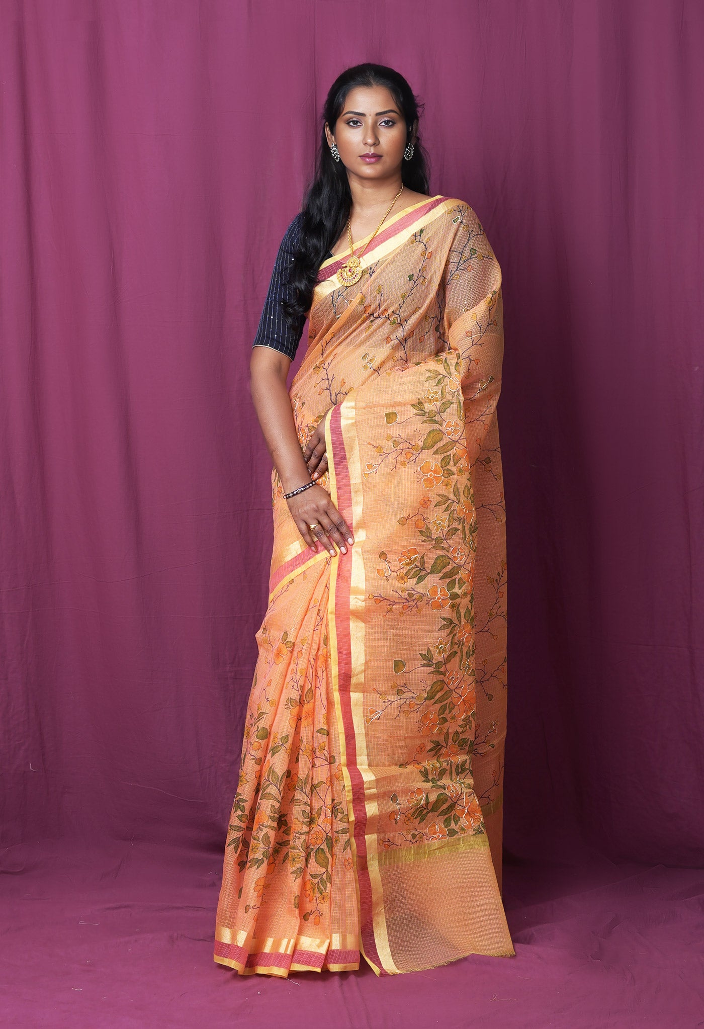 Orange Pure Hand Painted With Emboridery Kota Saree-UNM82521