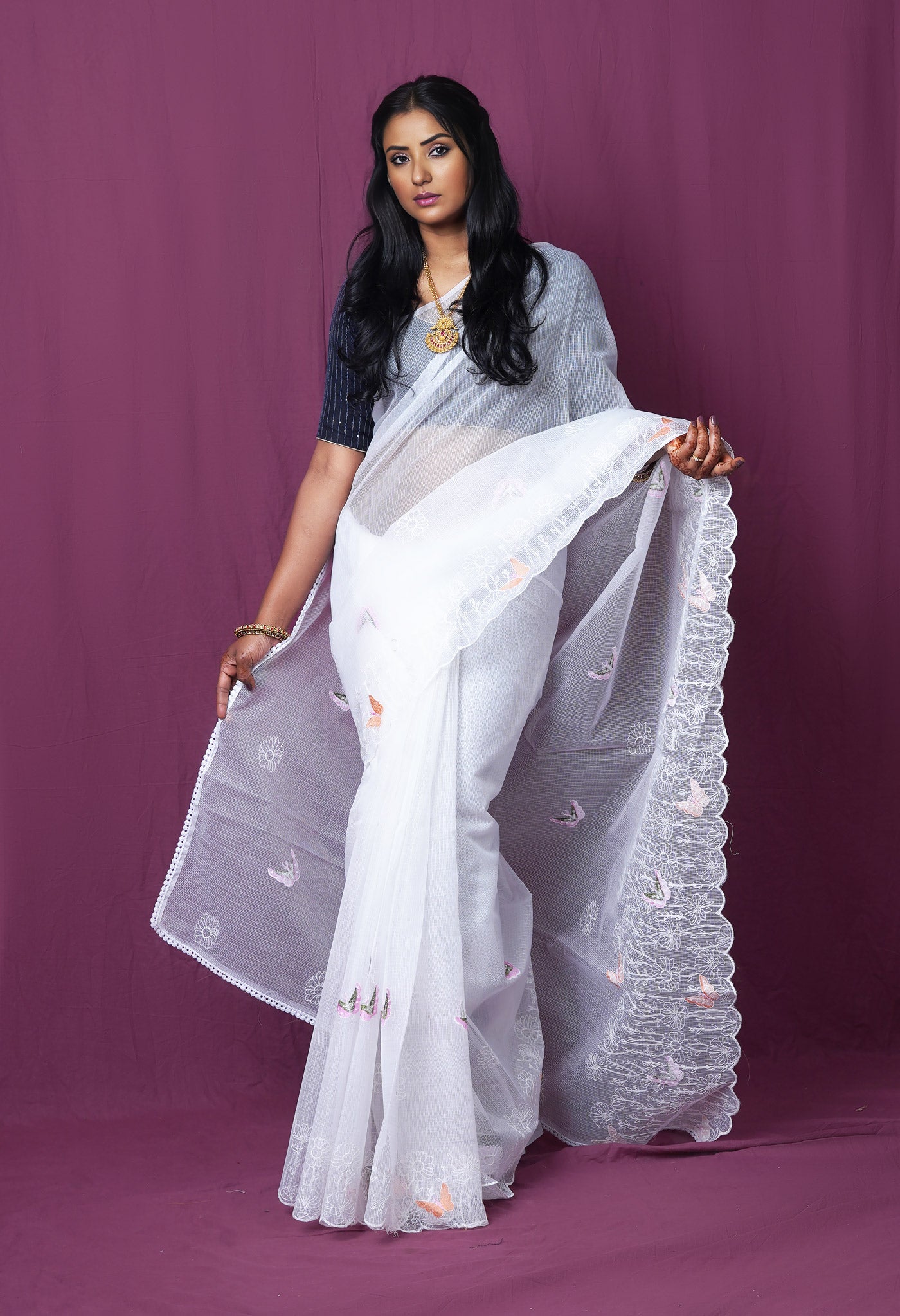 White Pure Emboridery Kota Saree-UNM82525