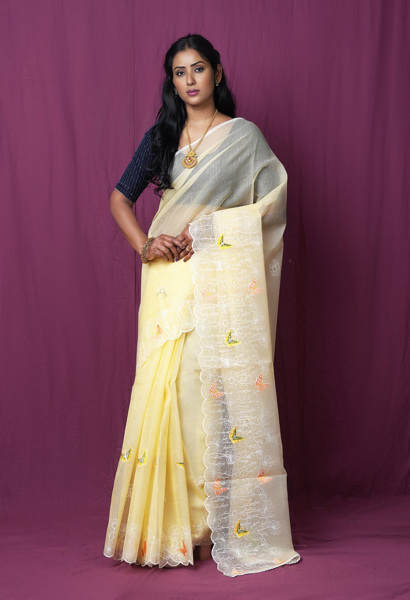 Yellow Pure Emboridery Kota Saree-UNM82531