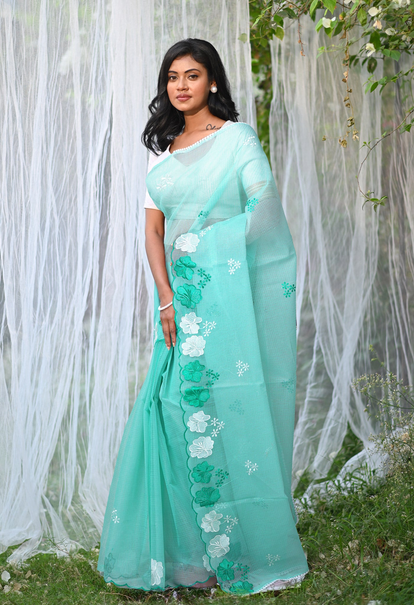 Turquoise Green Pure Emboridery Kota Saree-UNM82534