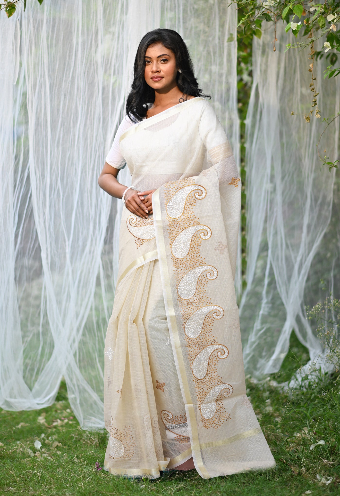 Cream Pure Emboridery Kota Saree-UNM82547
