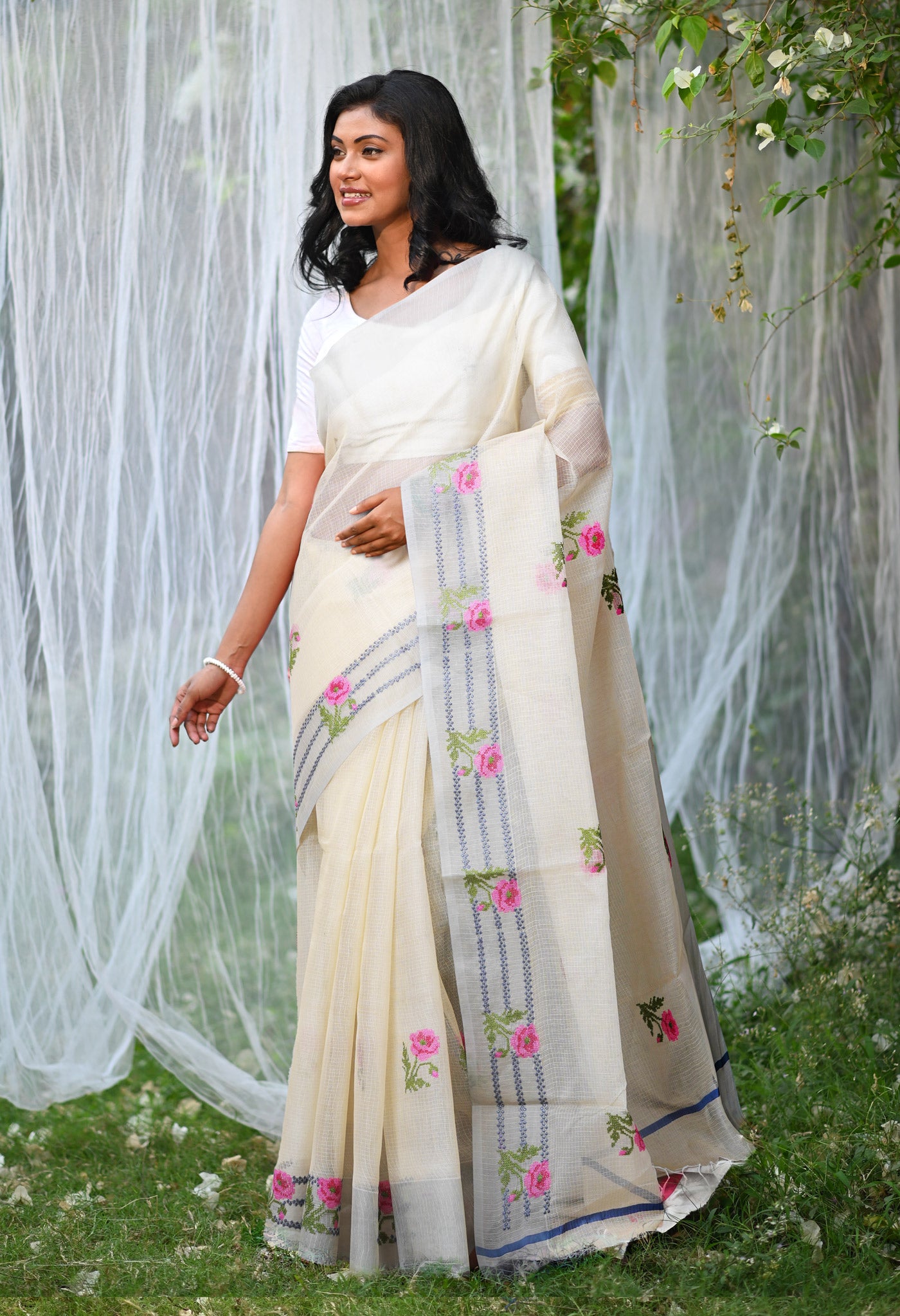 Cream Pure Emboridery Kota Saree-UNM82552