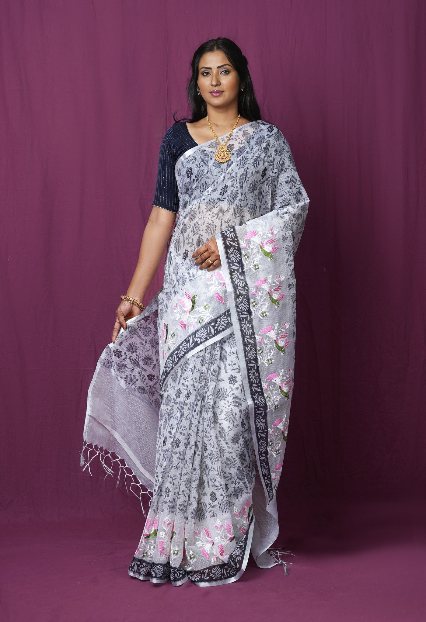 Cream Pure Hand Painted With Emboridery Kota Saree-UNM82563