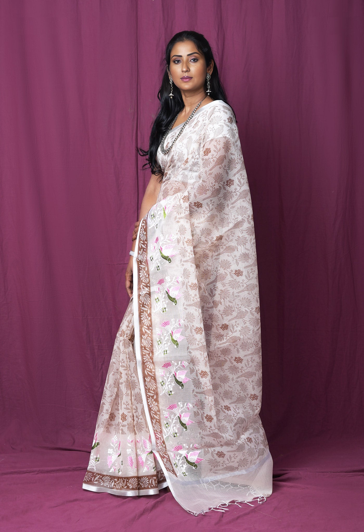 Cream Pure Hand Painted With Emboridery Kota Saree-UNM82565