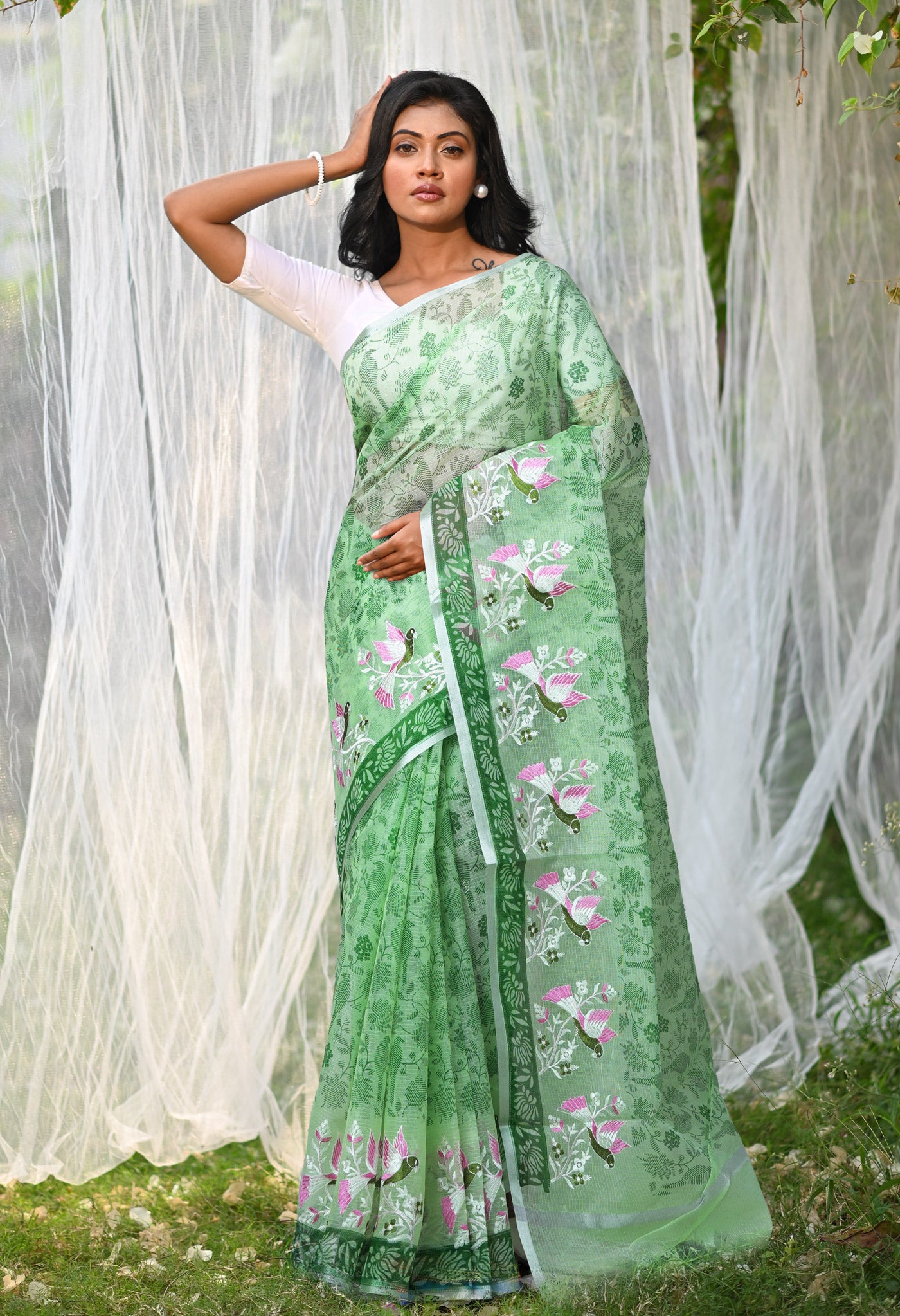 Green Pure Hand Painted With Emboridery Kota Saree-UNM82566