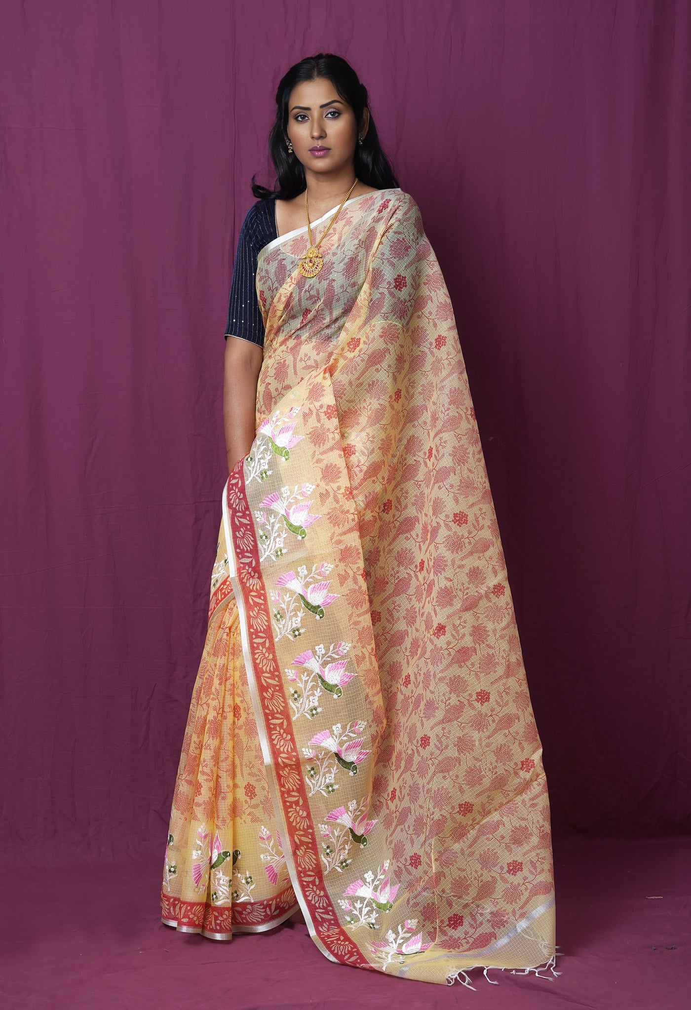 Yellow Pure Hand Painted With Emboridery Kota Saree-UNM82567