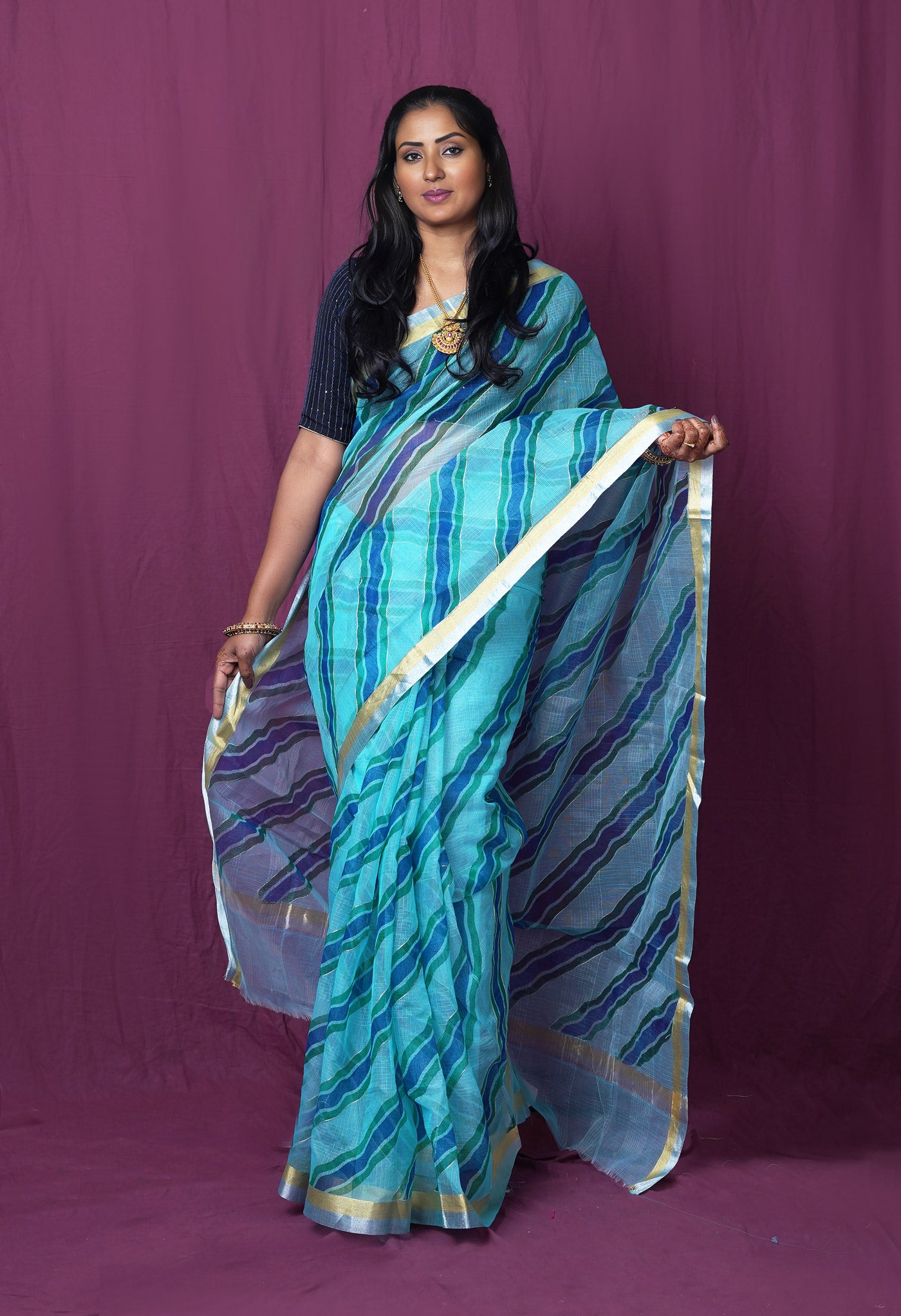 Blue Pure Hand Painted With Emboridery Kota Saree-UNM82568