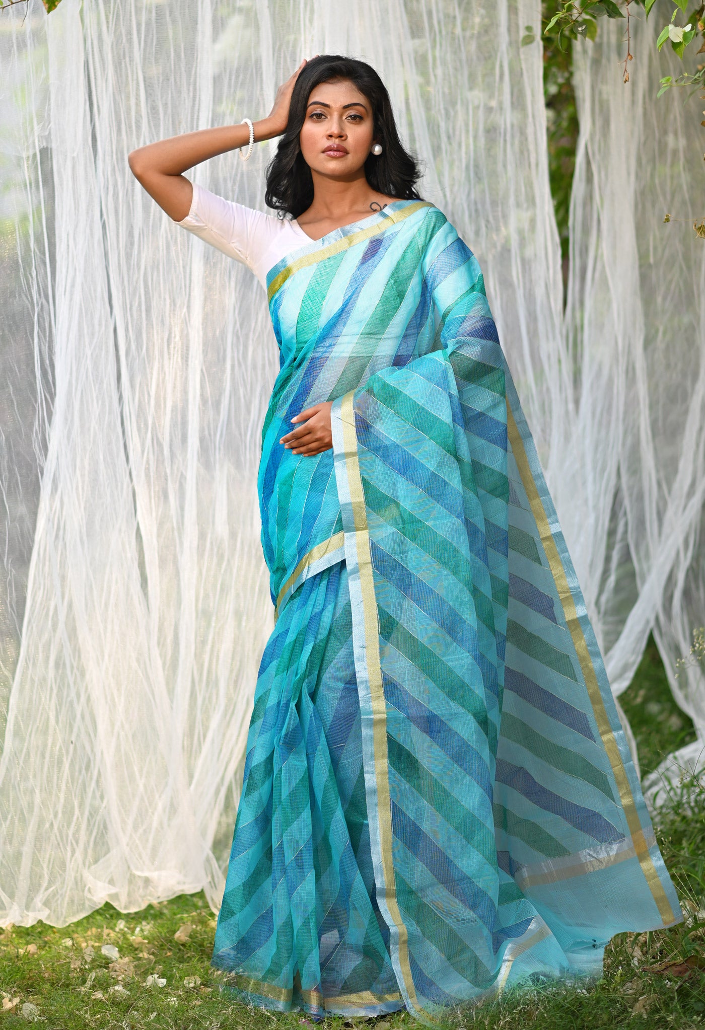 Blue Pure Hand Painted With Emboridery Kota Saree-UNM82575