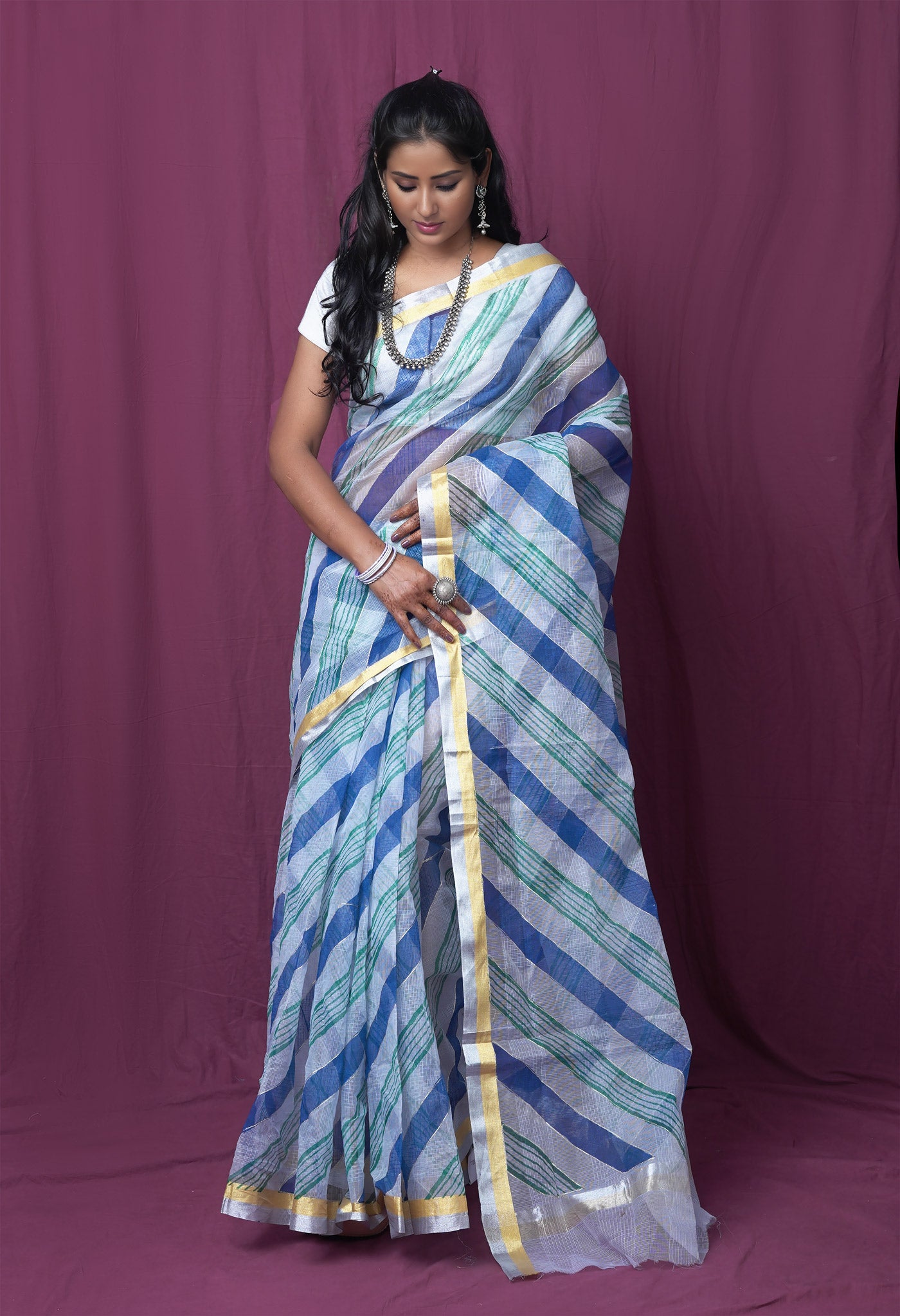 Blue Pure Hand Painted With Emboridery Kota Saree-UNM82582
