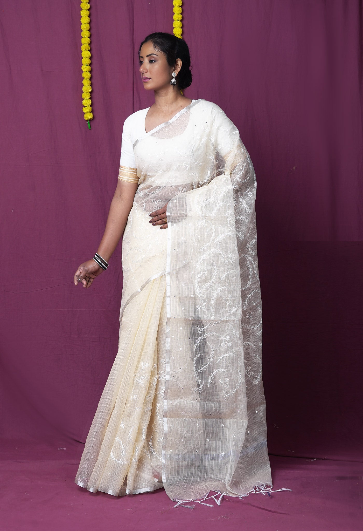 Cream Pure Emboridery Kota Saree-UNM82588