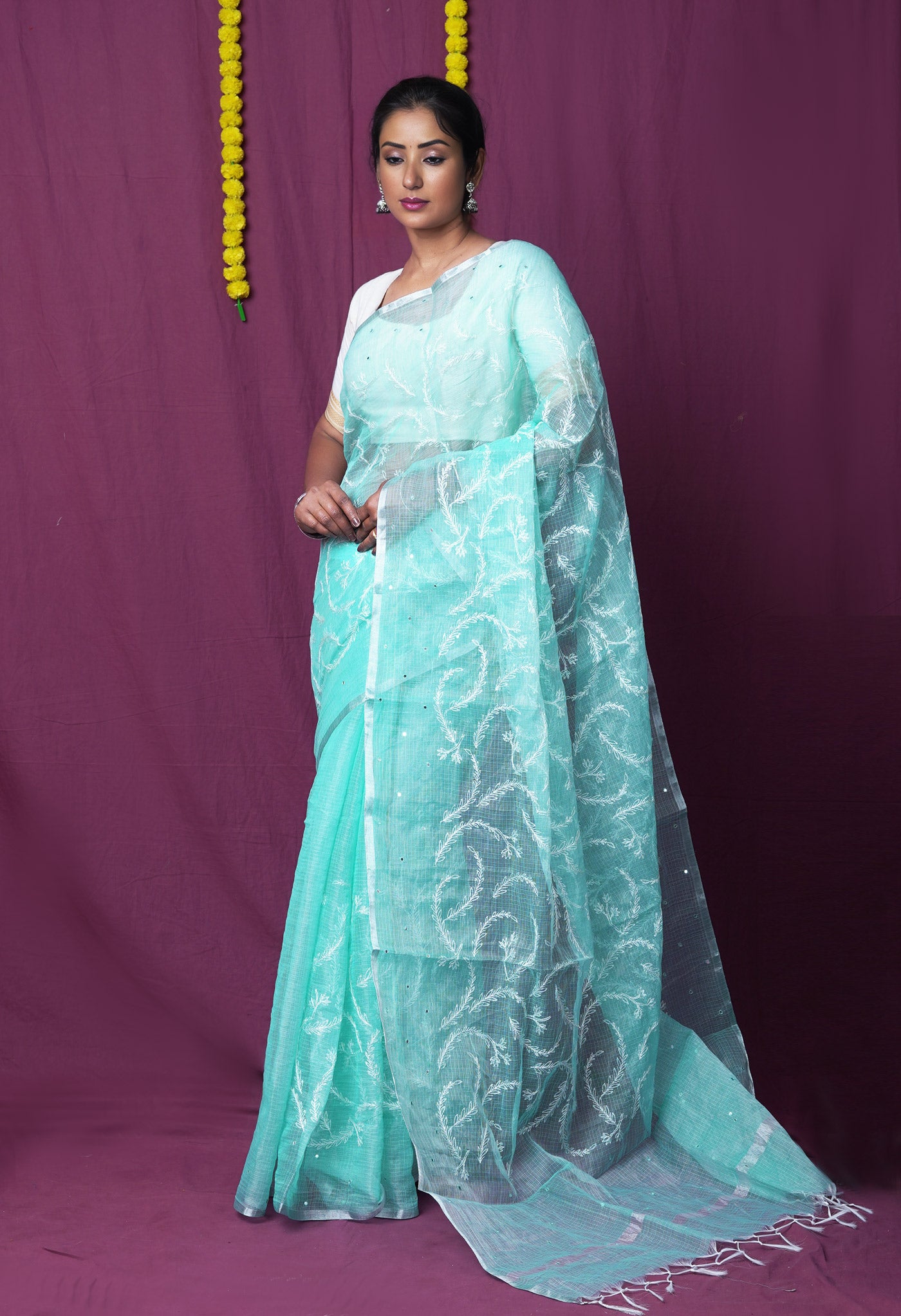 Turquoise Blue Pure Emboridery Kota Saree-UNM82593