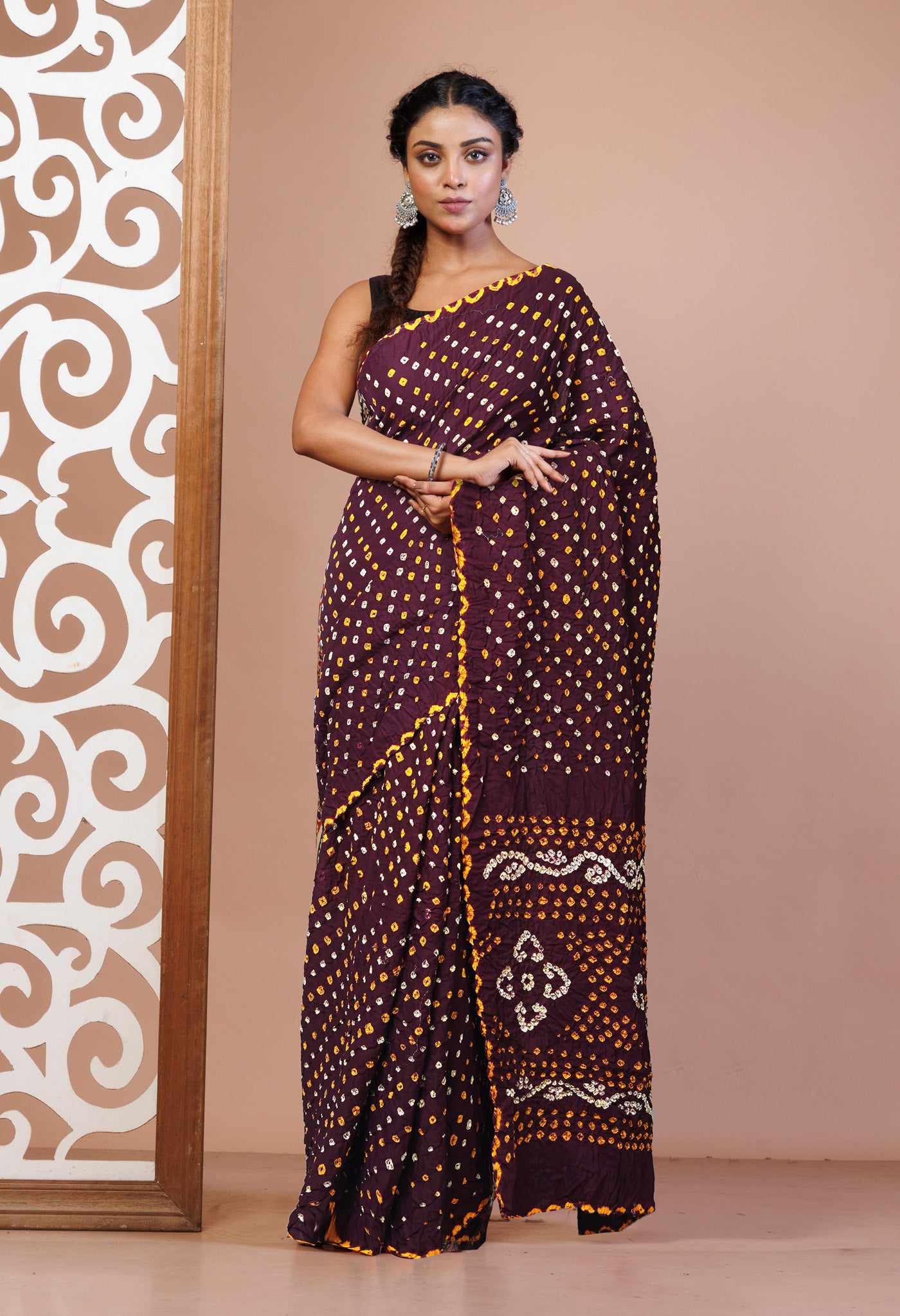 Dark Brown Pure Bandhani Mulmul Cotton Saree-UNM82595