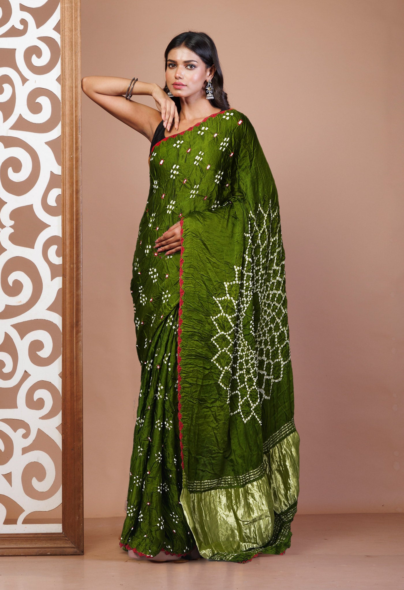 Olive Green Pure Bandhani Gaji Soft Silk Saree-UNM82600