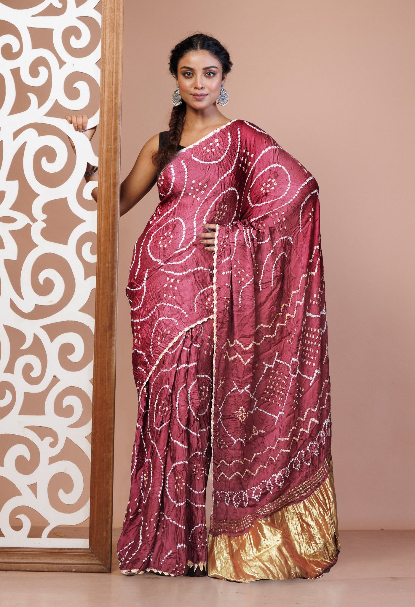 Dark Peach Pink Pure Bandhani Gaji Soft Silk Saree-UNM82605