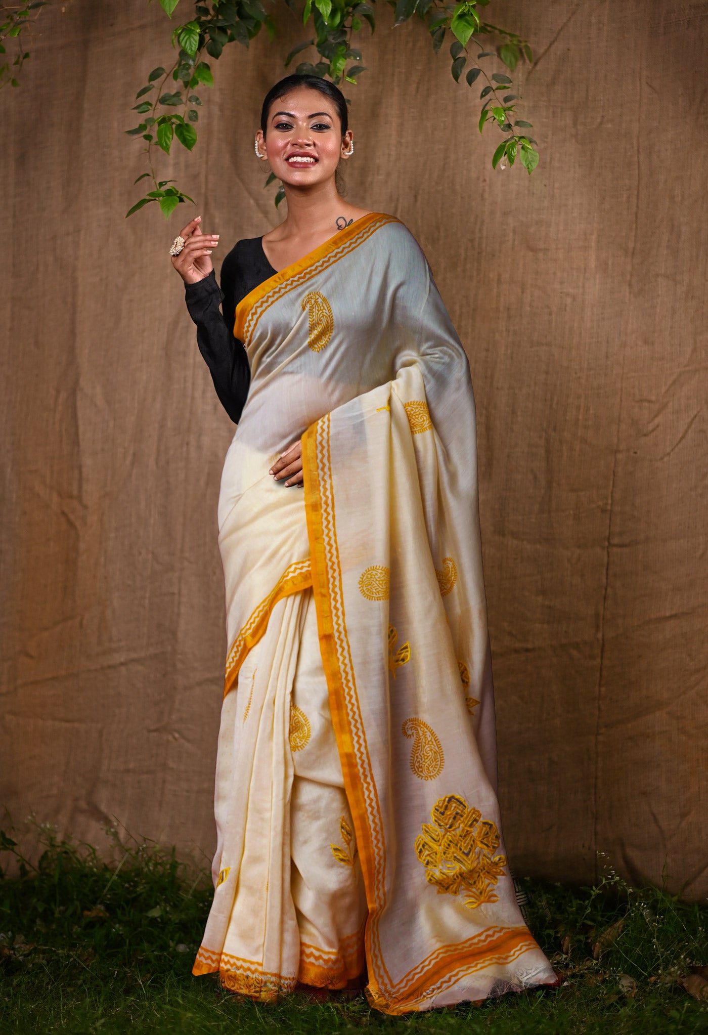 Cream Pure Block printed  With Embroidery Chanderi Sico Saree-UNM82634