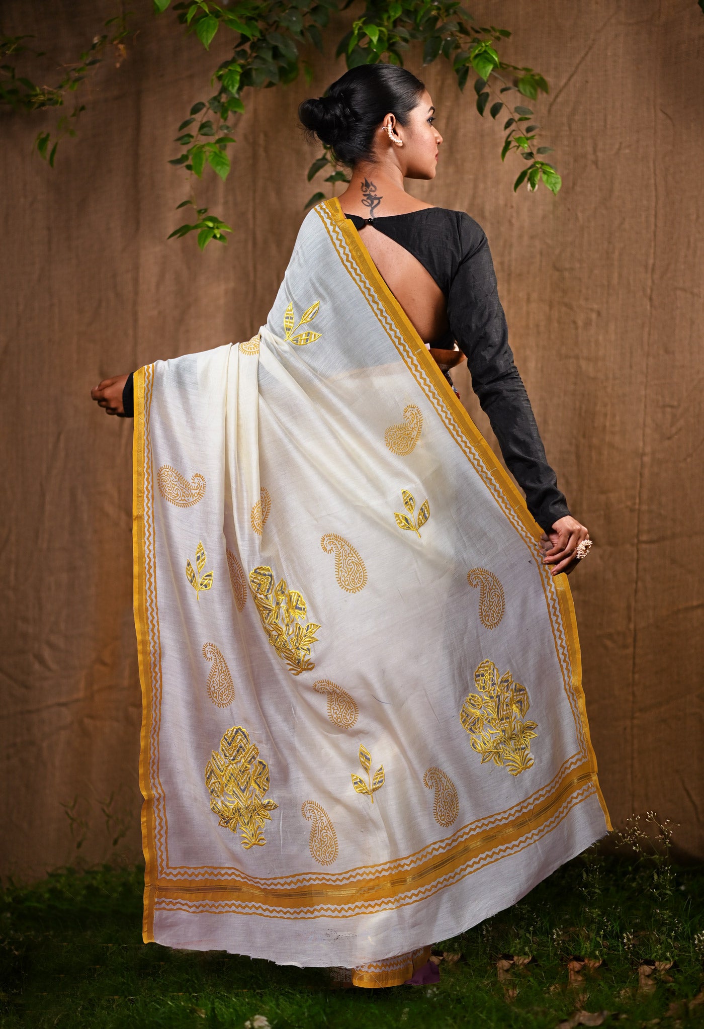 Cream Pure Block printed  With Embroidery Chanderi Sico Saree-UNM82634