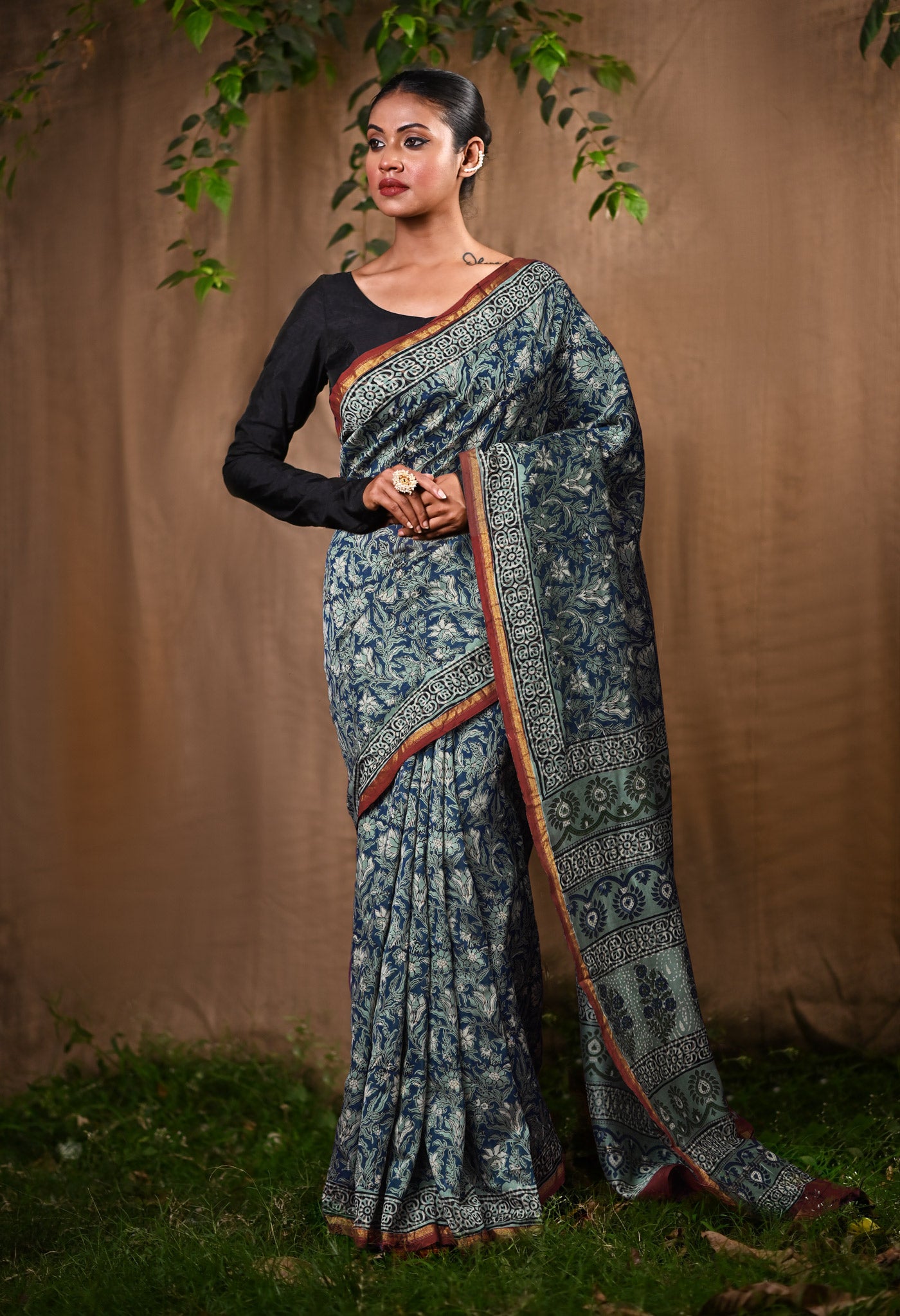 Blue Pure Bagru Kalamkari Printed Chanderi Sico Saree-UNM82635