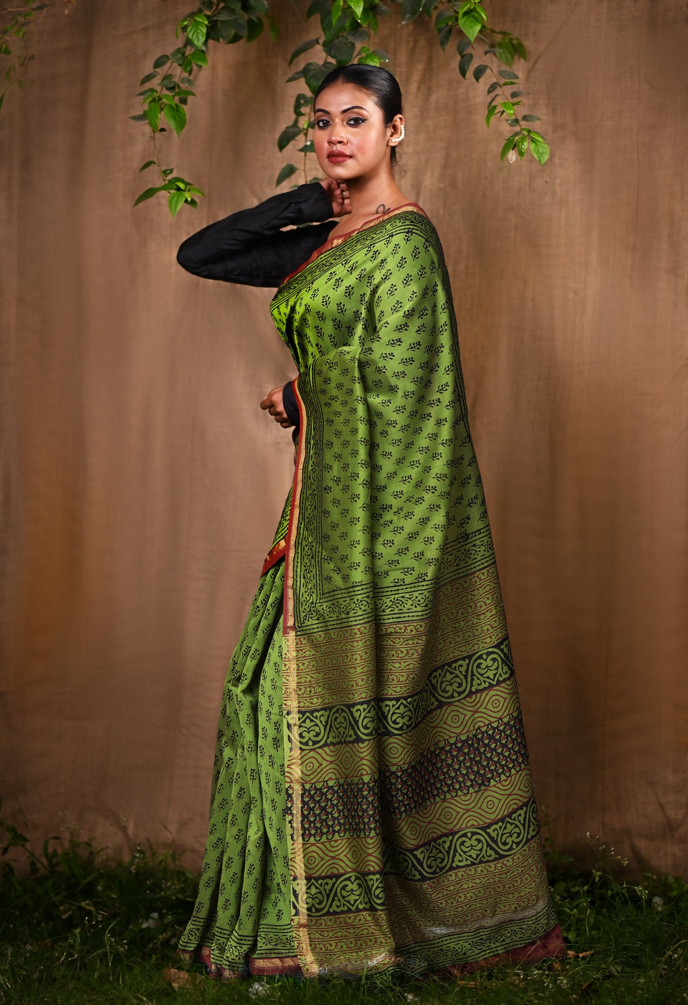 Green Pure Bagru Kalamkari Printed Chanderi Sico Saree-UNM82636
