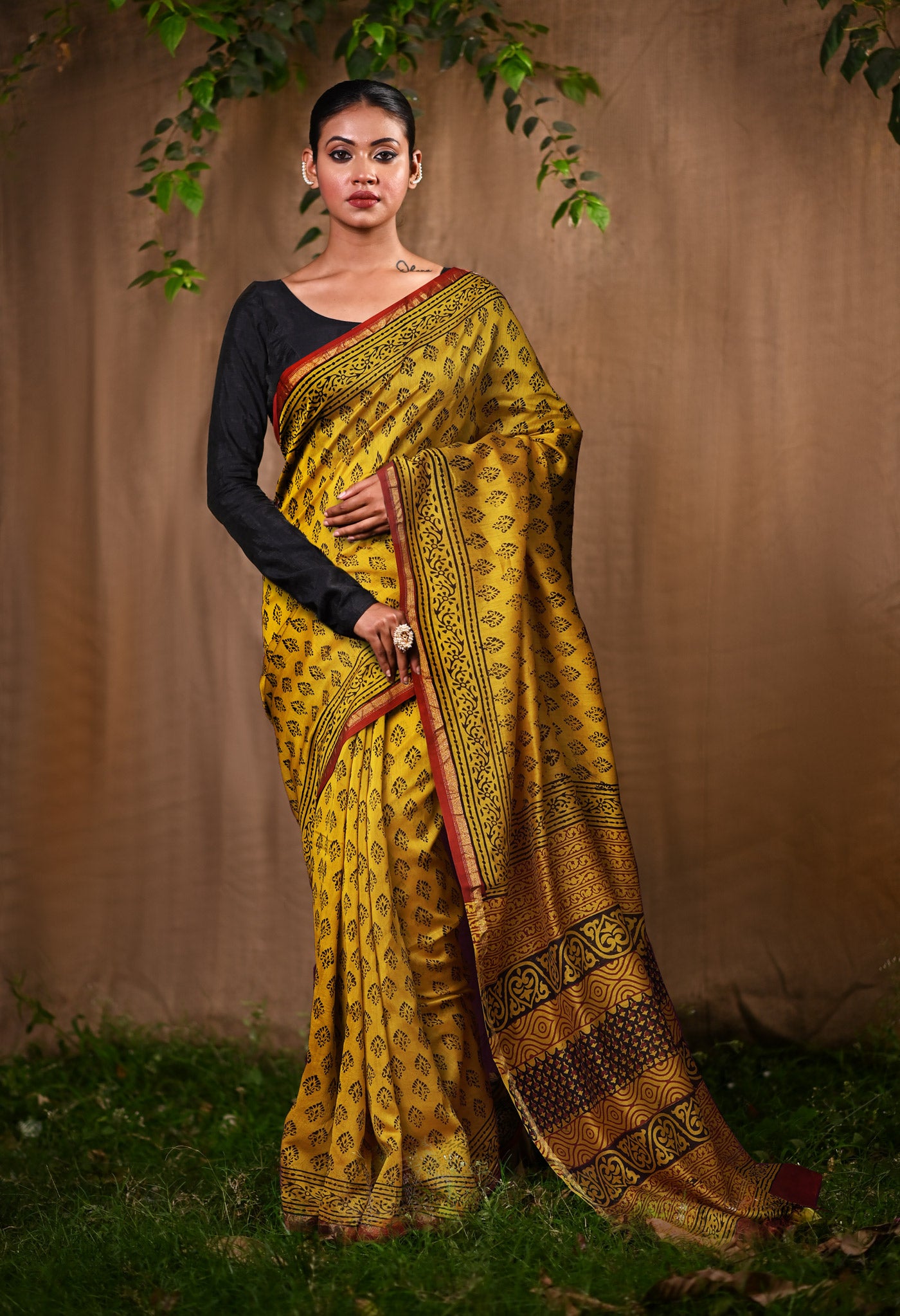 Yellow Pure Bagru Kalamkari Printed Chanderi Sico Saree-UNM82637