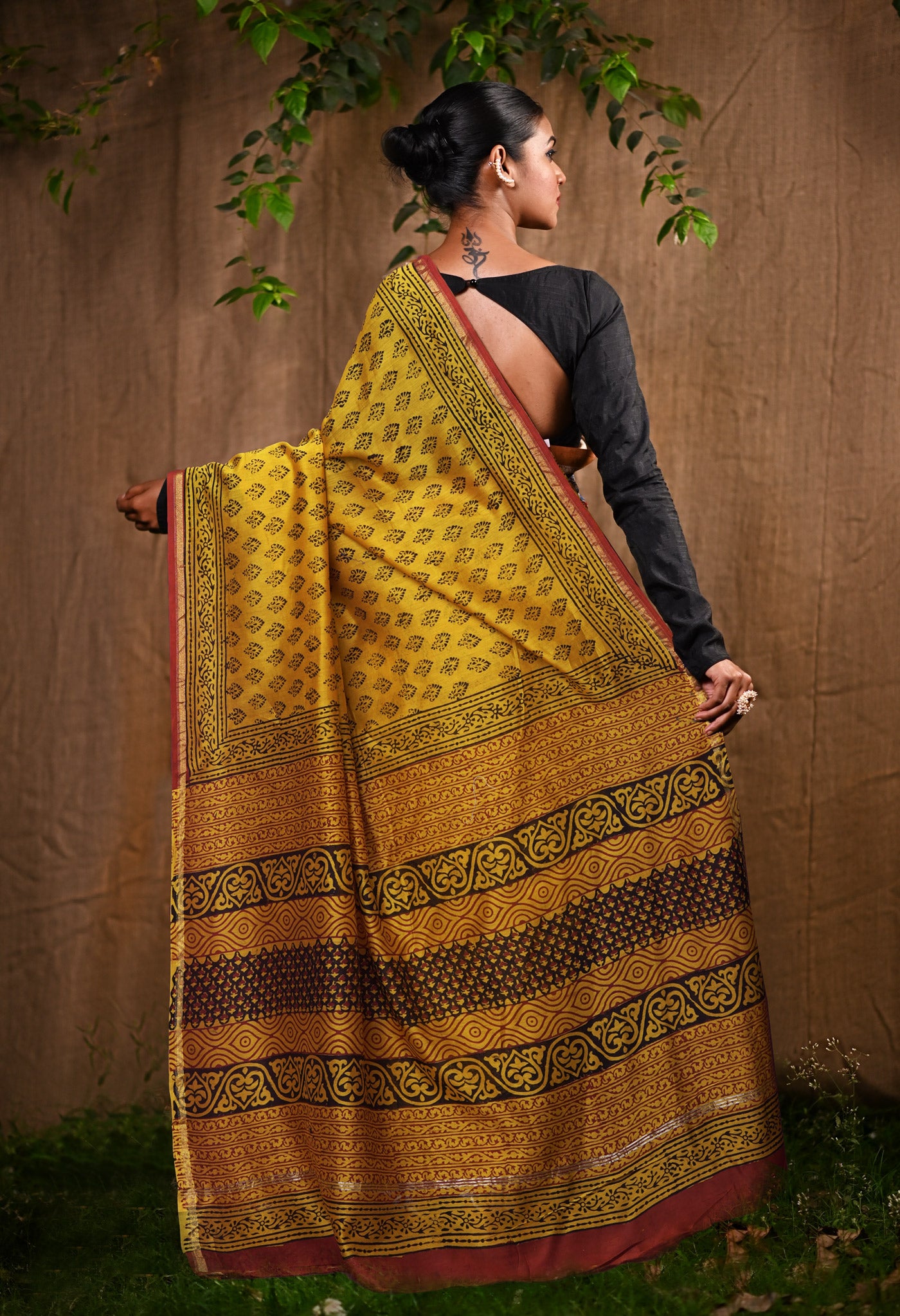 Yellow Pure Bagru Kalamkari Printed Chanderi Sico Saree-UNM82637