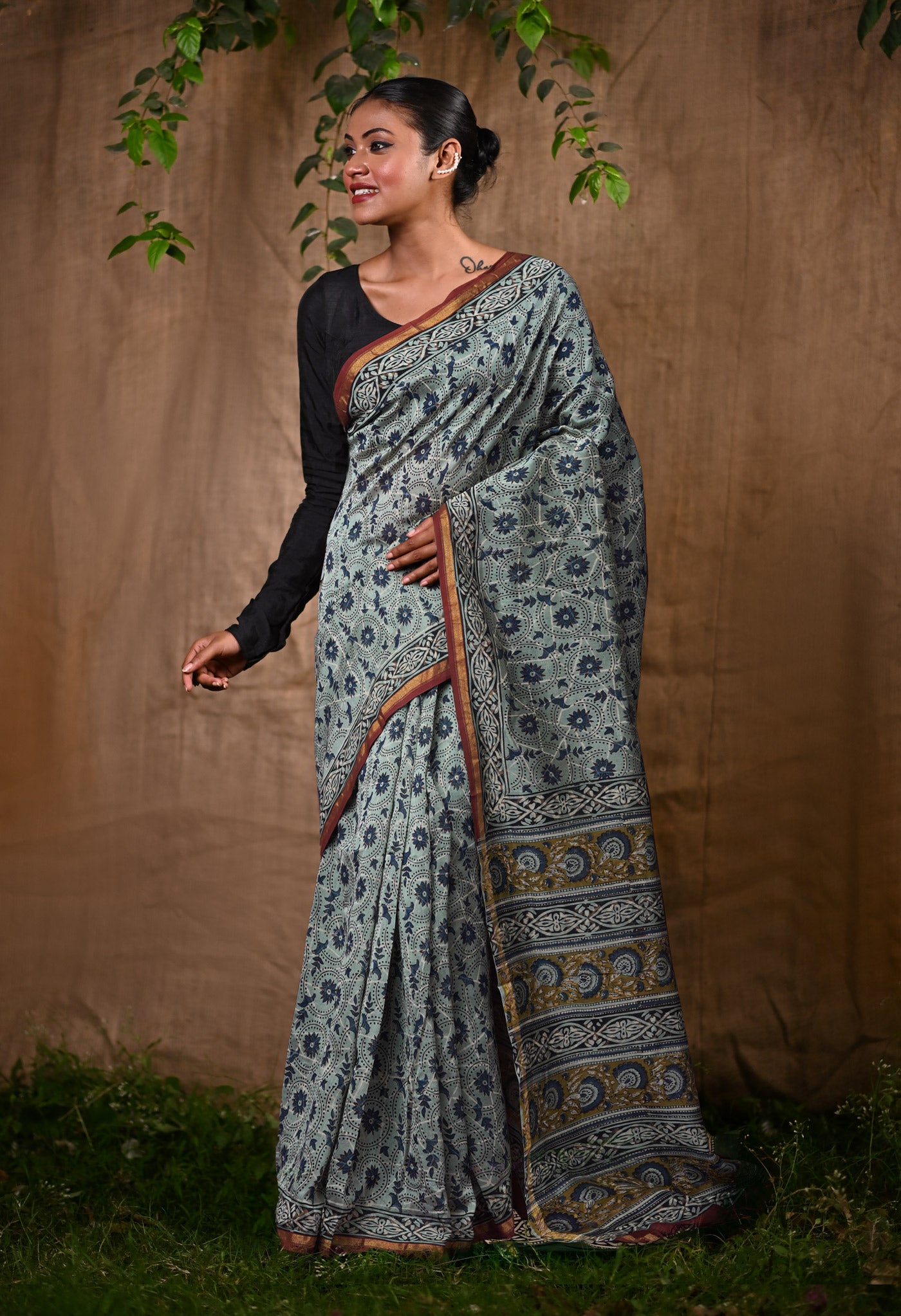 Blue Pure Bagru Kalamkari Printed Chanderi Sico Saree-UNM82639