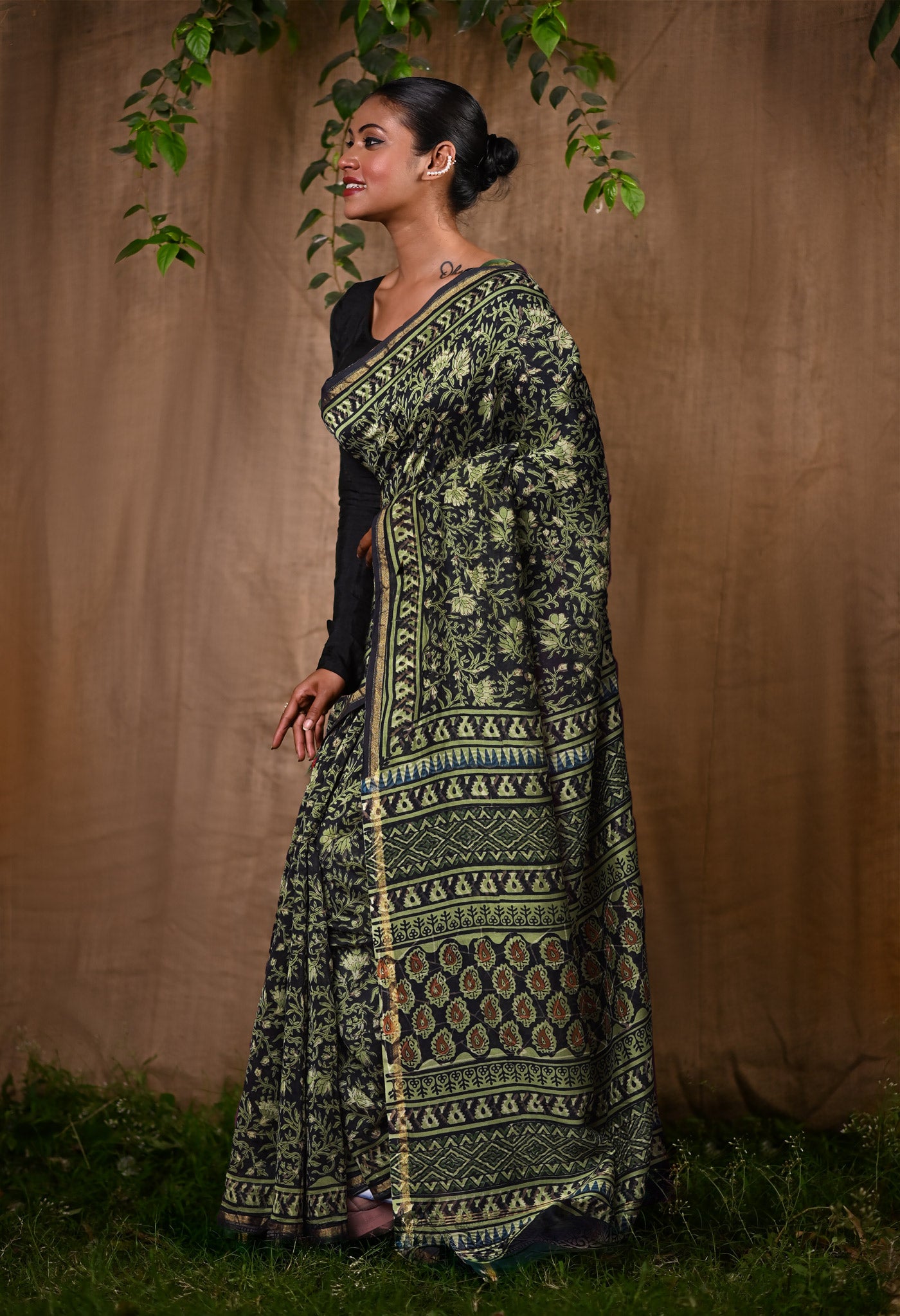 Black Pure Bagru Kalamkari Printed Chanderi Sico Saree-UNM82641