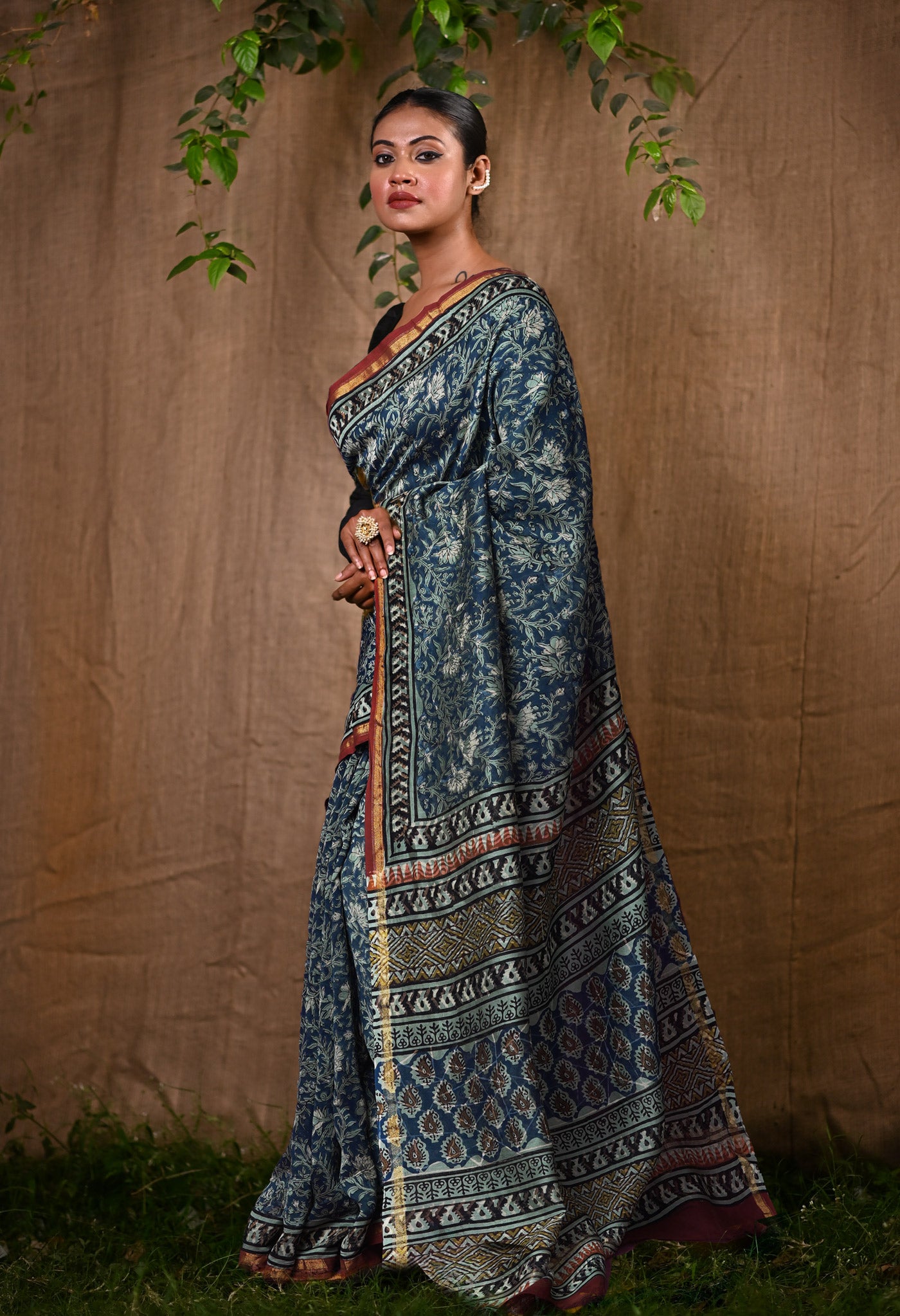 Blue Pure Bagru Kalamkari Printed Chanderi Sico Saree-UNM82642