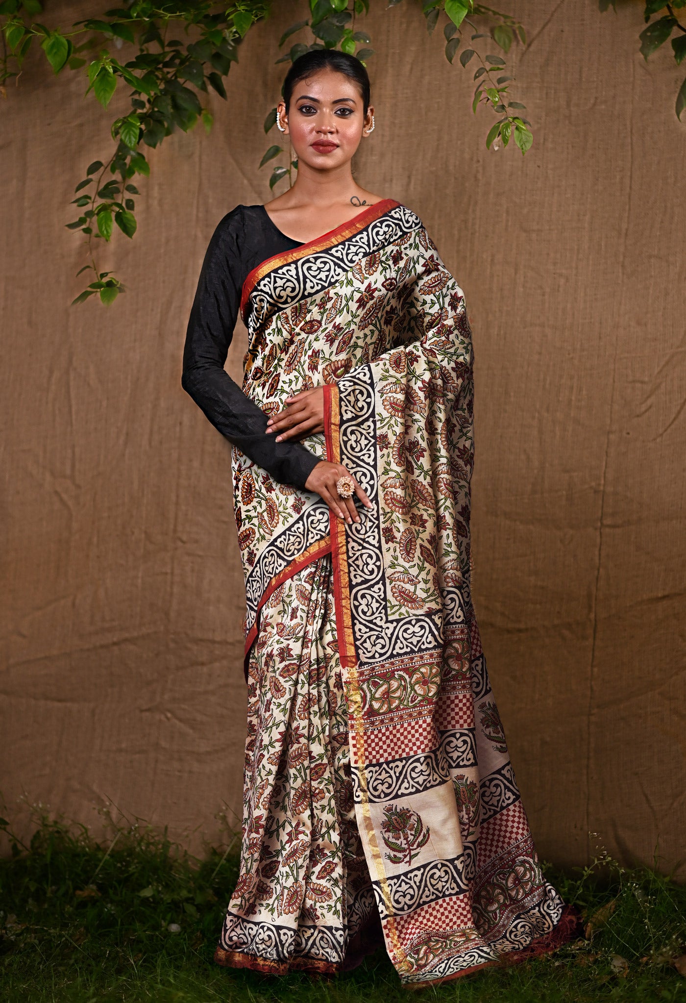 Cream Pure Bagru Kalamkari Printed Chanderi Sico Saree-UNM82643