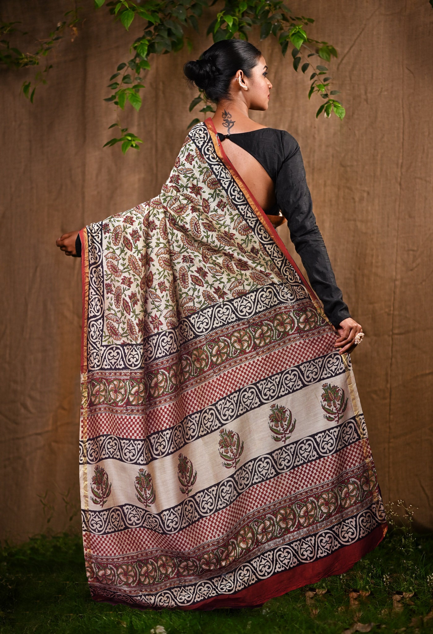 Cream Pure Bagru Kalamkari Printed Chanderi Sico Saree-UNM82643