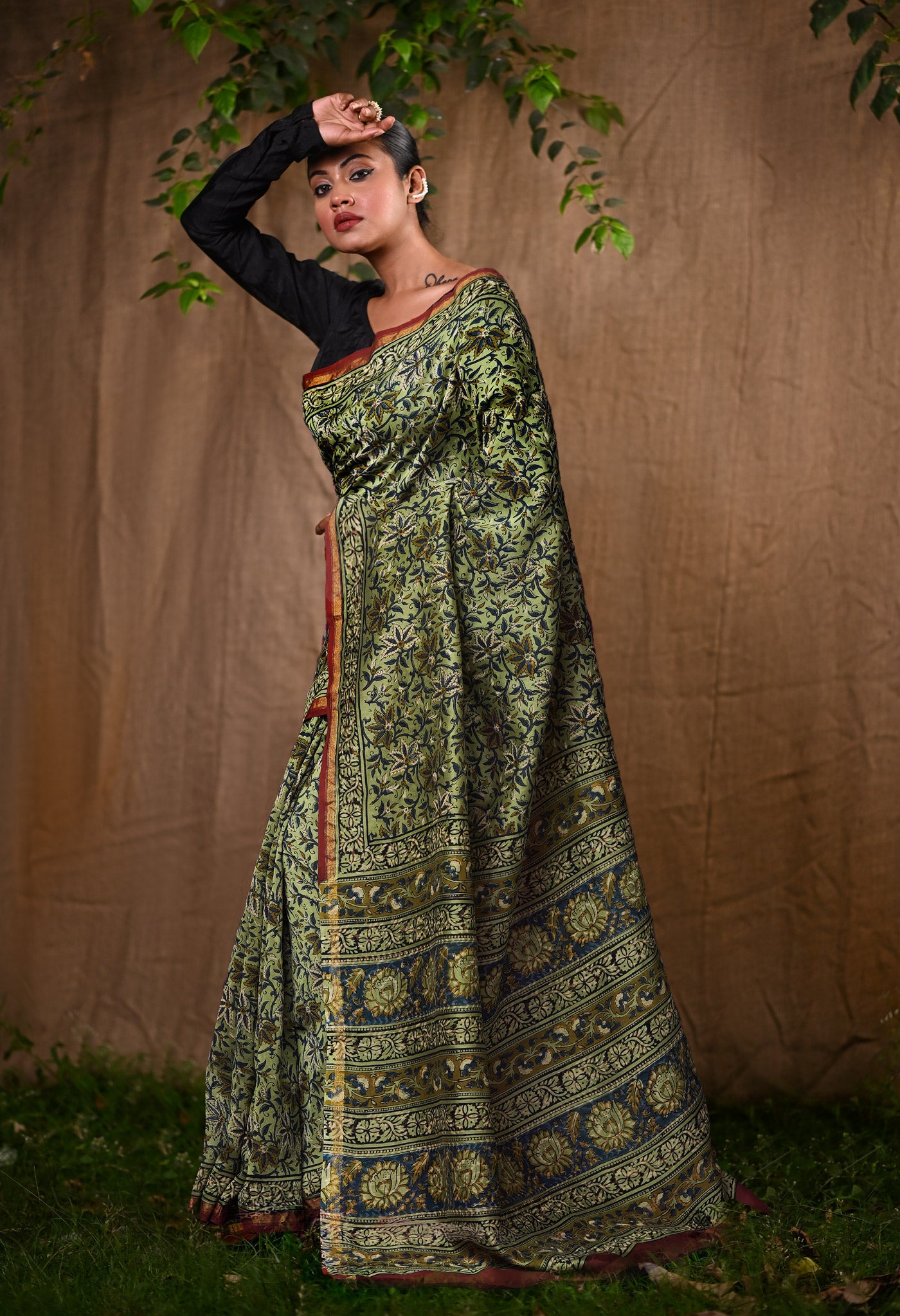 Green Pure Bagru Kalamkari Printed Chanderi Sico Saree-UNM82644