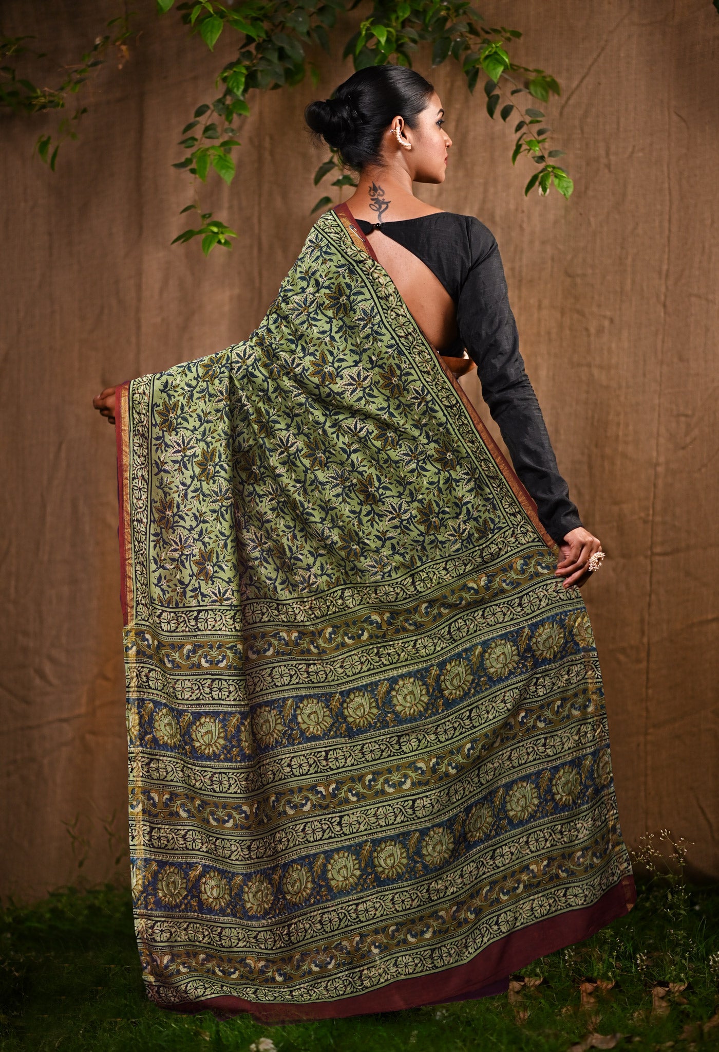 Green Pure Bagru Kalamkari Printed Chanderi Sico Saree-UNM82644
