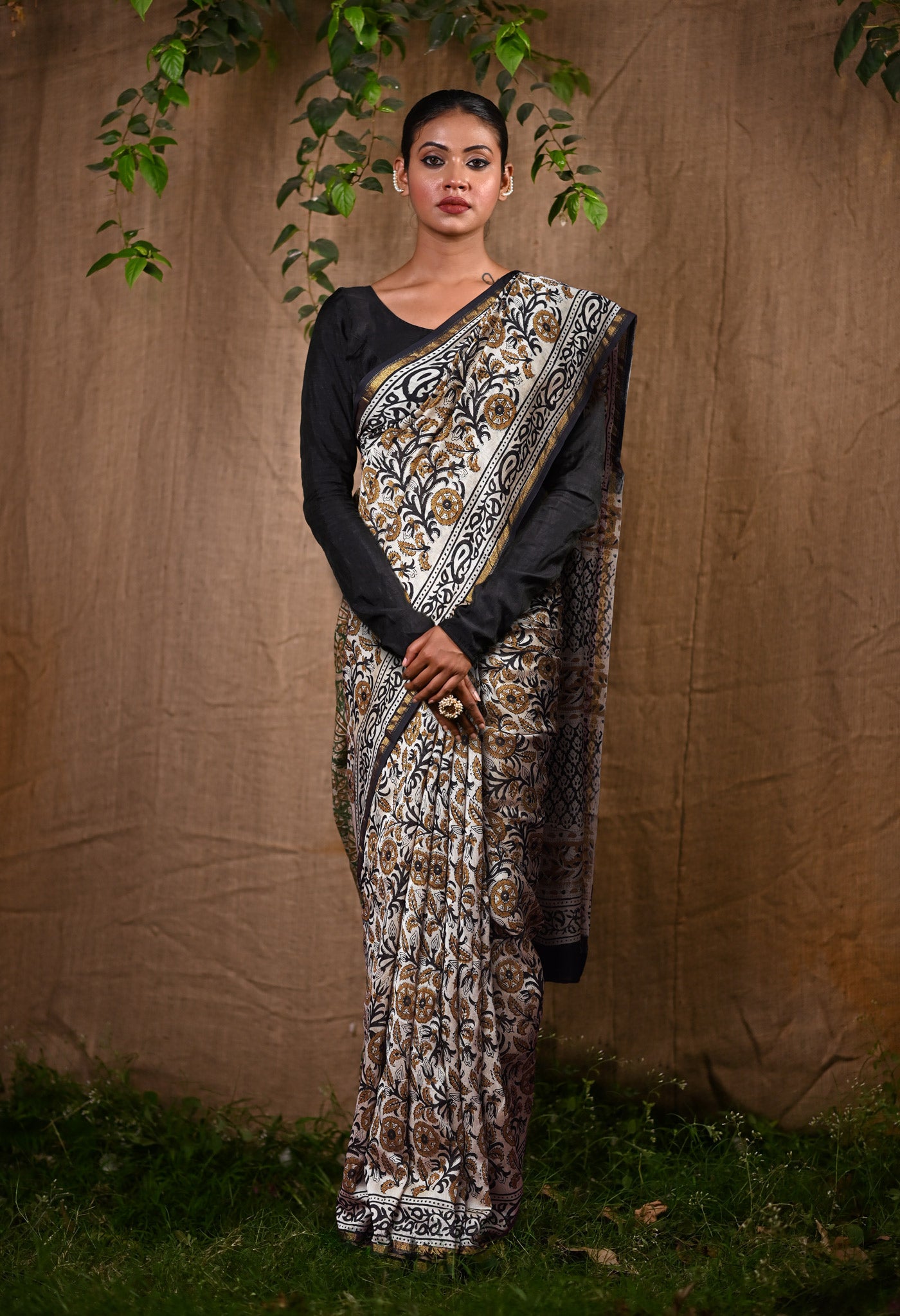 Cream Pure Bagru Kalamkari Printed Chanderi Sico Saree-UNM82647