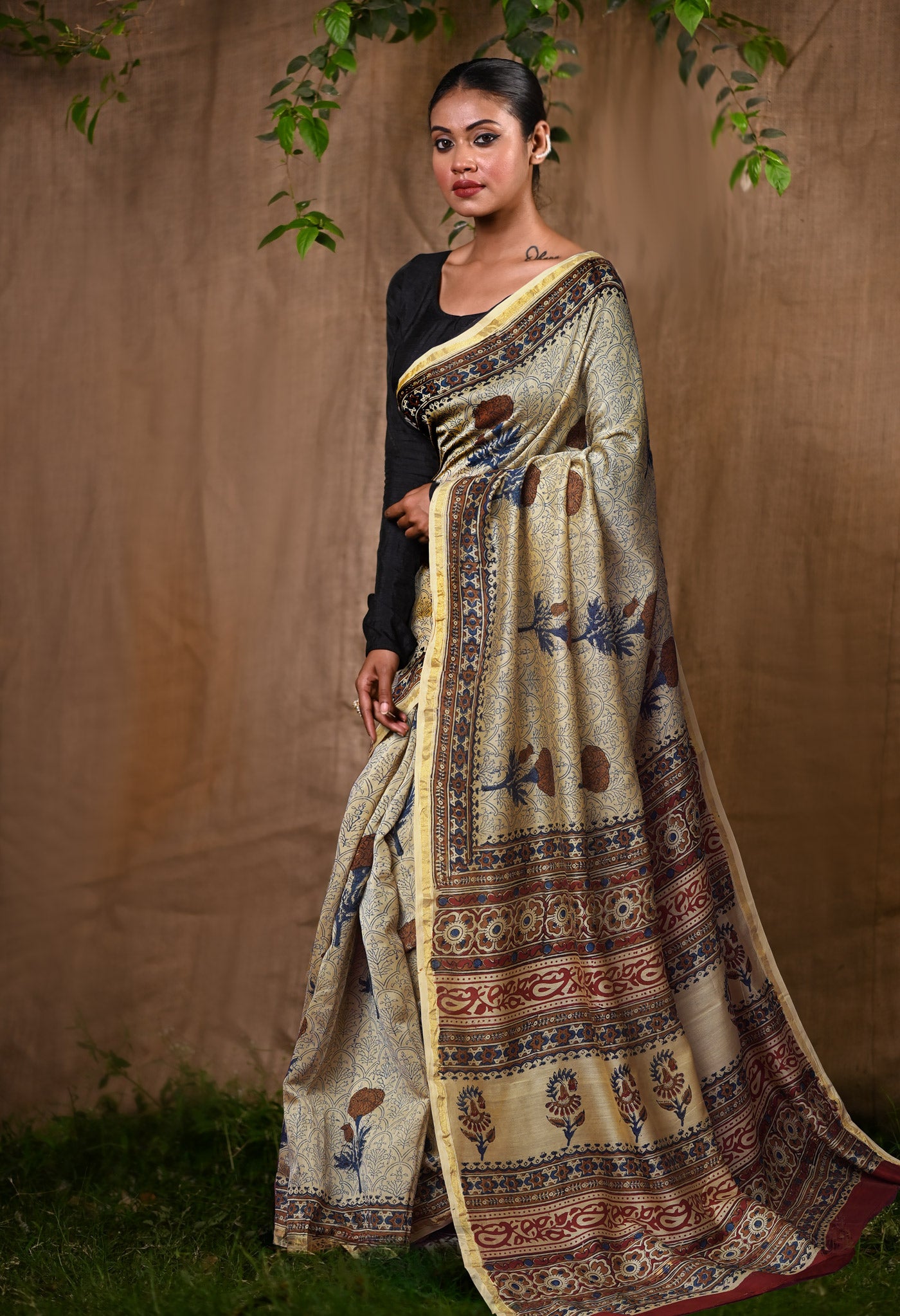 Cream Pure Bagru Kalamkari Printed Chanderi Sico Saree-UNM82648