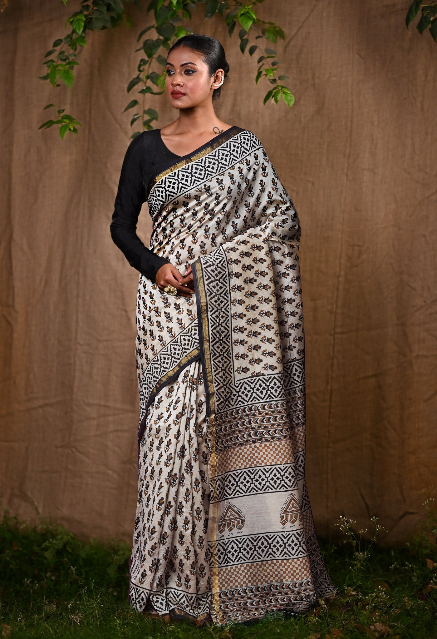 Cream Pure Bagru Kalamkari Printed Chanderi Sico Saree-UNM82650