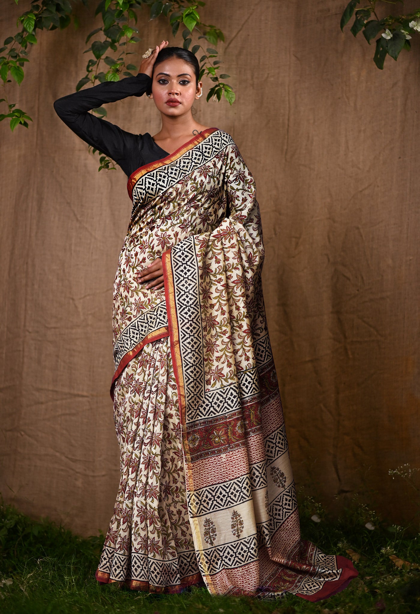 Cream Pure Bagru Kalamkari Printed Chanderi Sico Saree-UNM82651