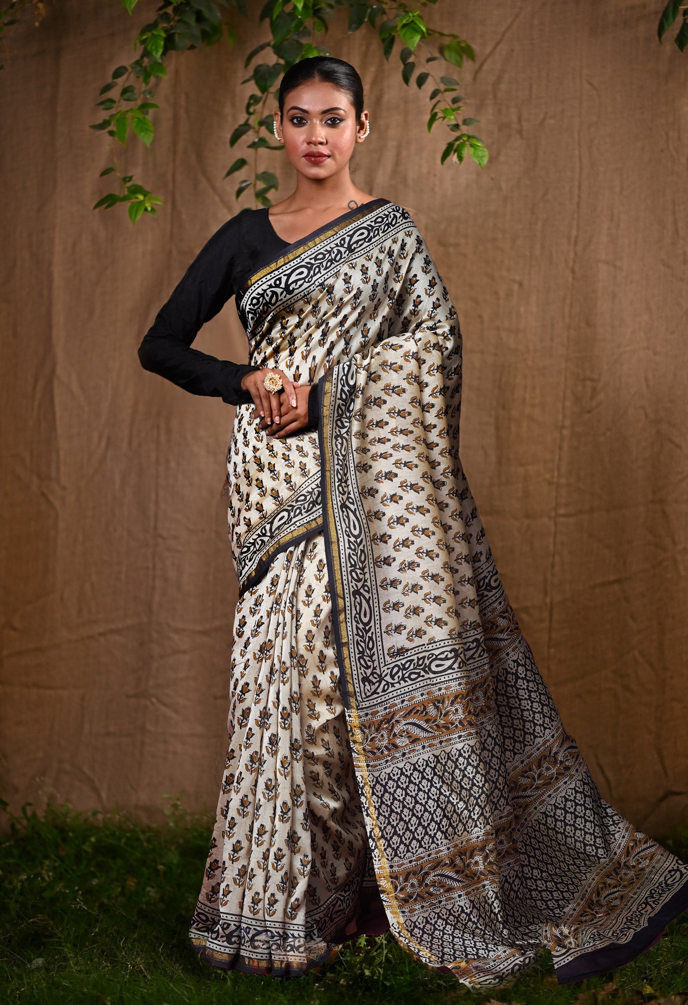 Cream Pure Bagru Kalamkari Printed Chanderi Sico Saree-UNM82652