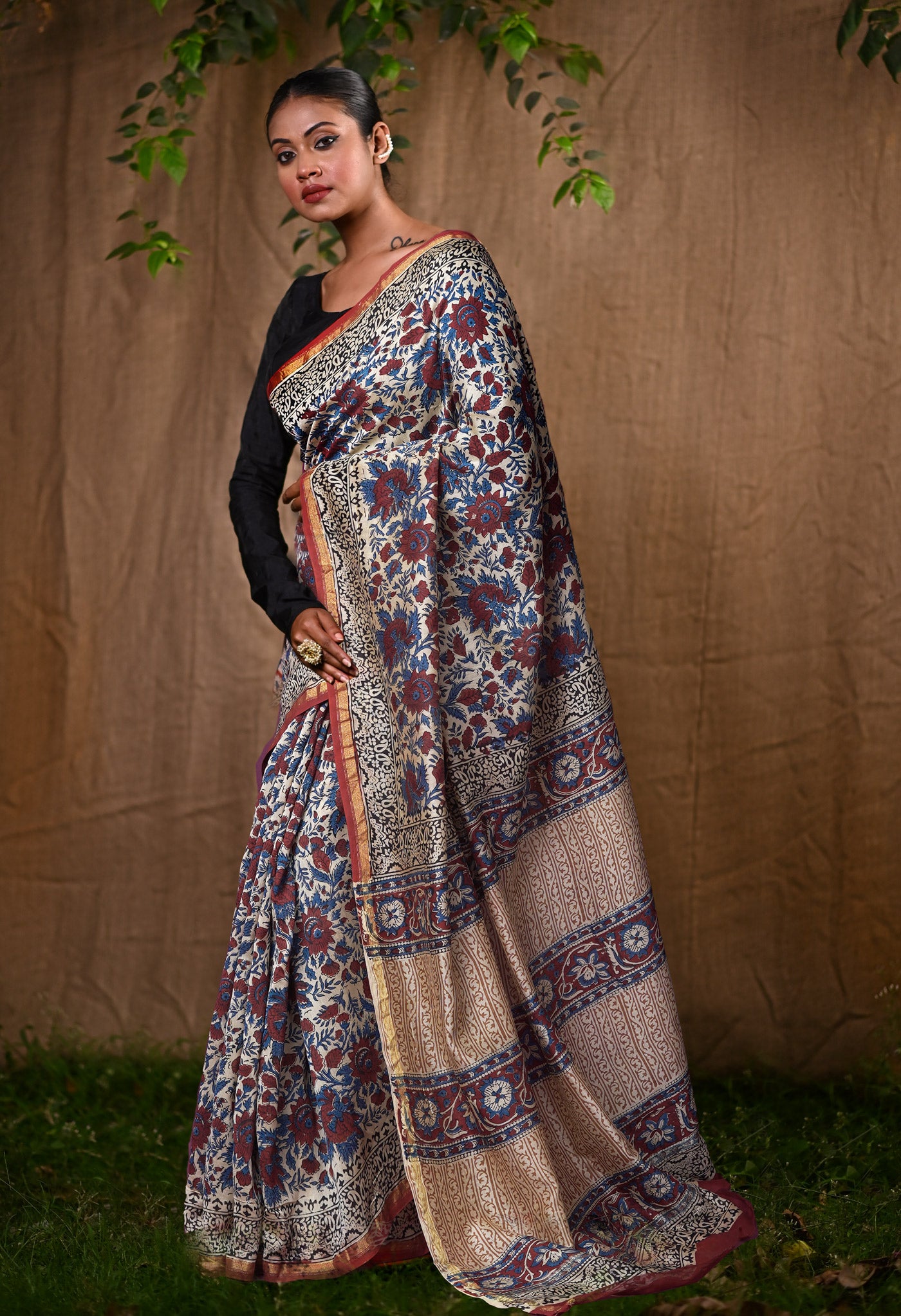 Cream Pure Bagru Kalamkari Printed Chanderi Sico Saree-UNM82653