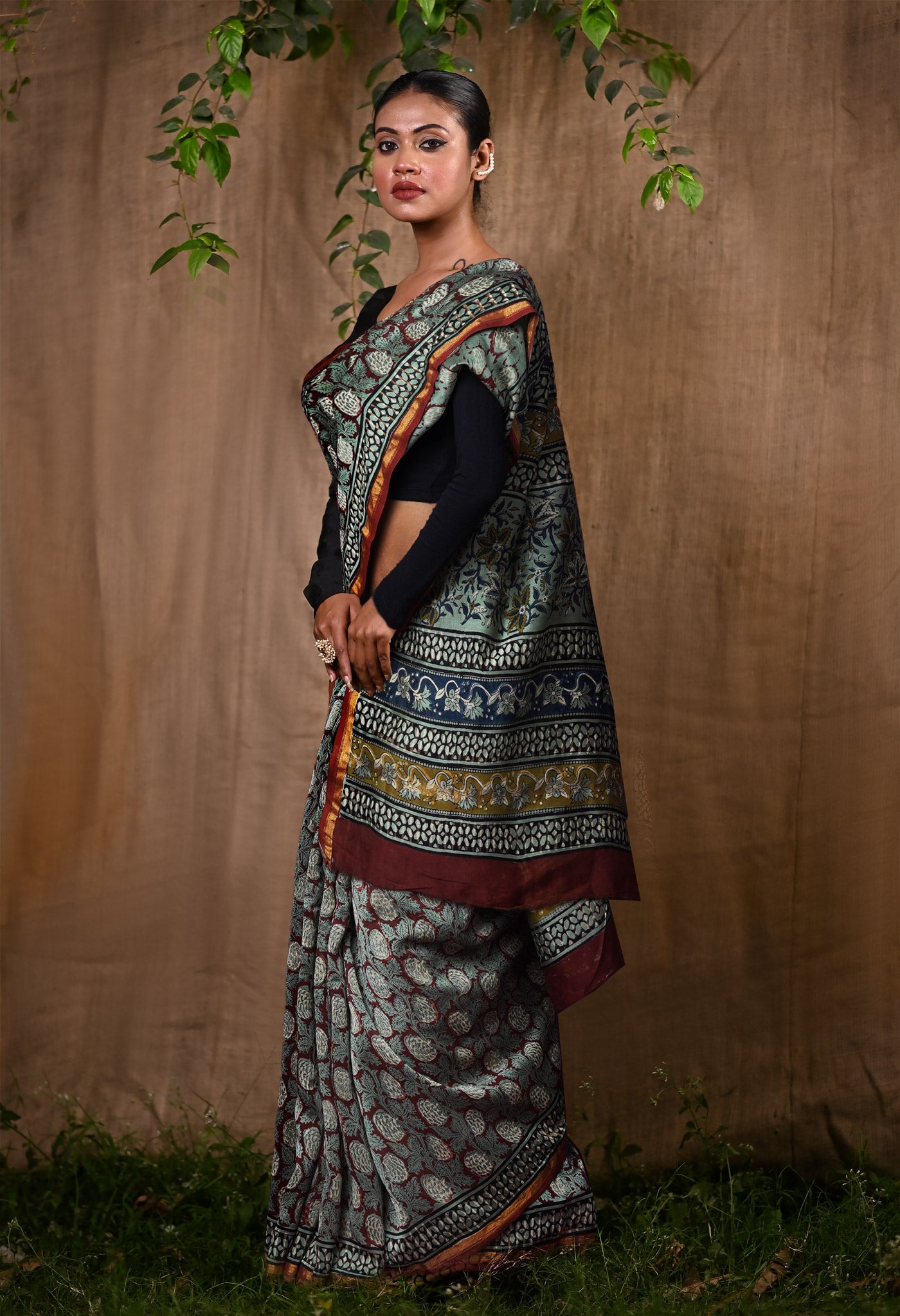 Red-Blue Pure Bagru Kalamkari Printed Chanderi Sico Saree-UNM82654