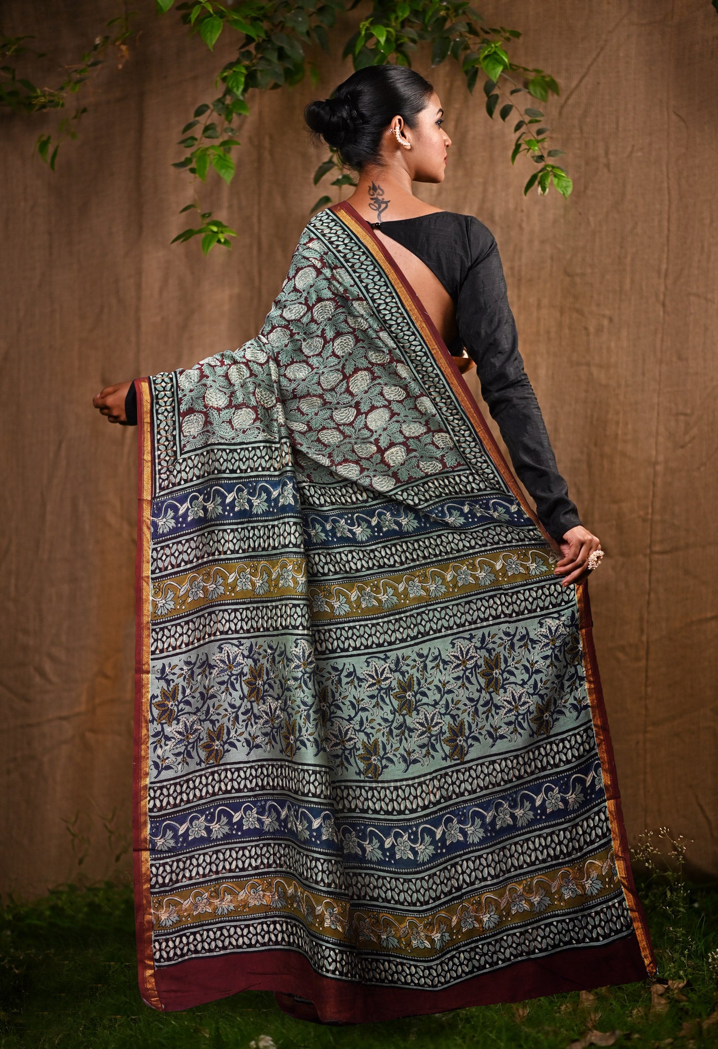 Red-Blue Pure Bagru Kalamkari Printed Chanderi Sico Saree-UNM82654