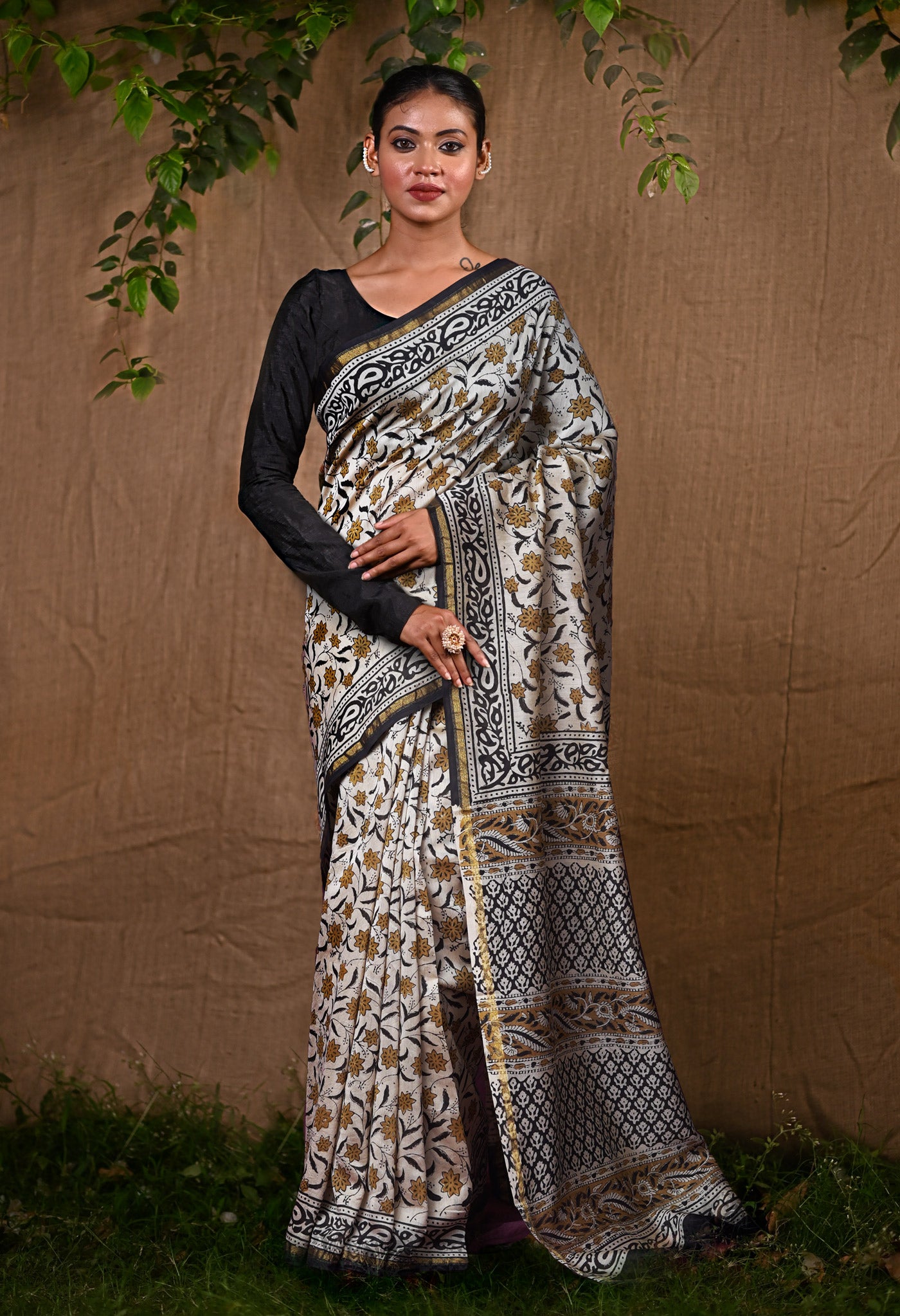 Cream Pure Bagru Kalamkari Printed Chanderi Sico Saree-UNM82655