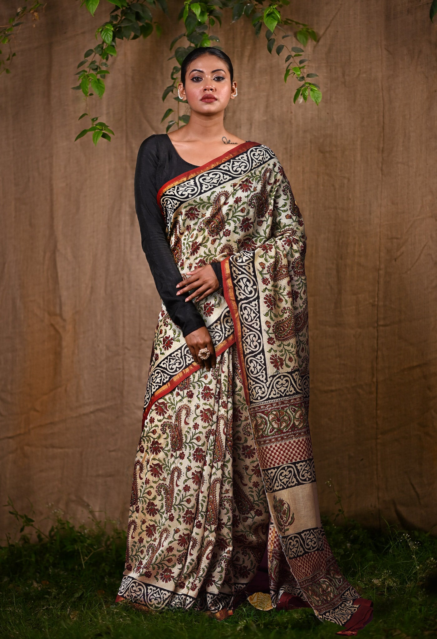 Cream Pure Bagru Kalamkari Printed Chanderi Sico Saree-UNM82656