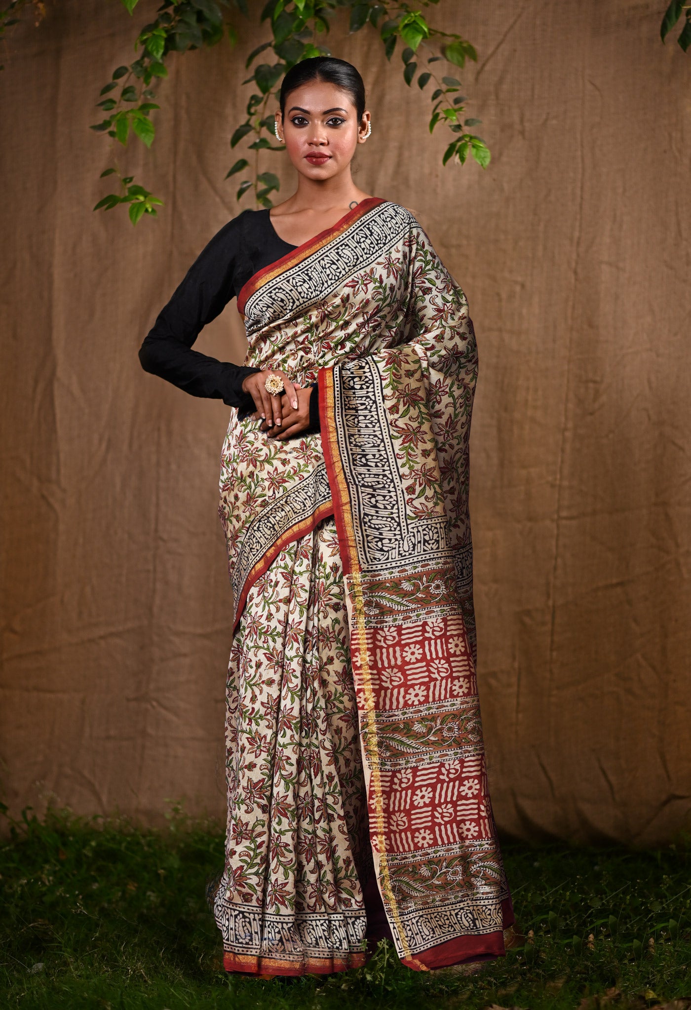 Cream Pure Bagru Kalamkari Printed Chanderi Sico Saree-UNM82658