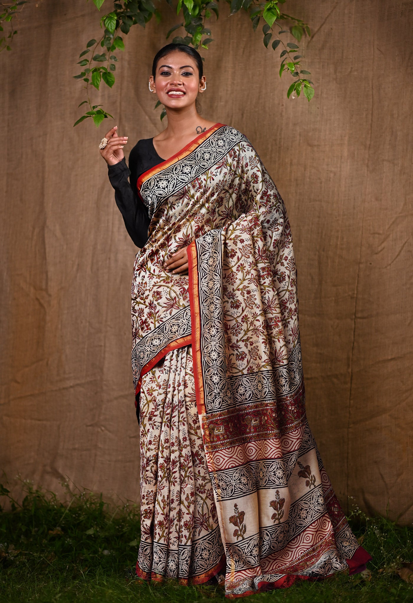 Cream Pure Bagru Kalamkari Printed Chanderi Sico Saree-UNM82659