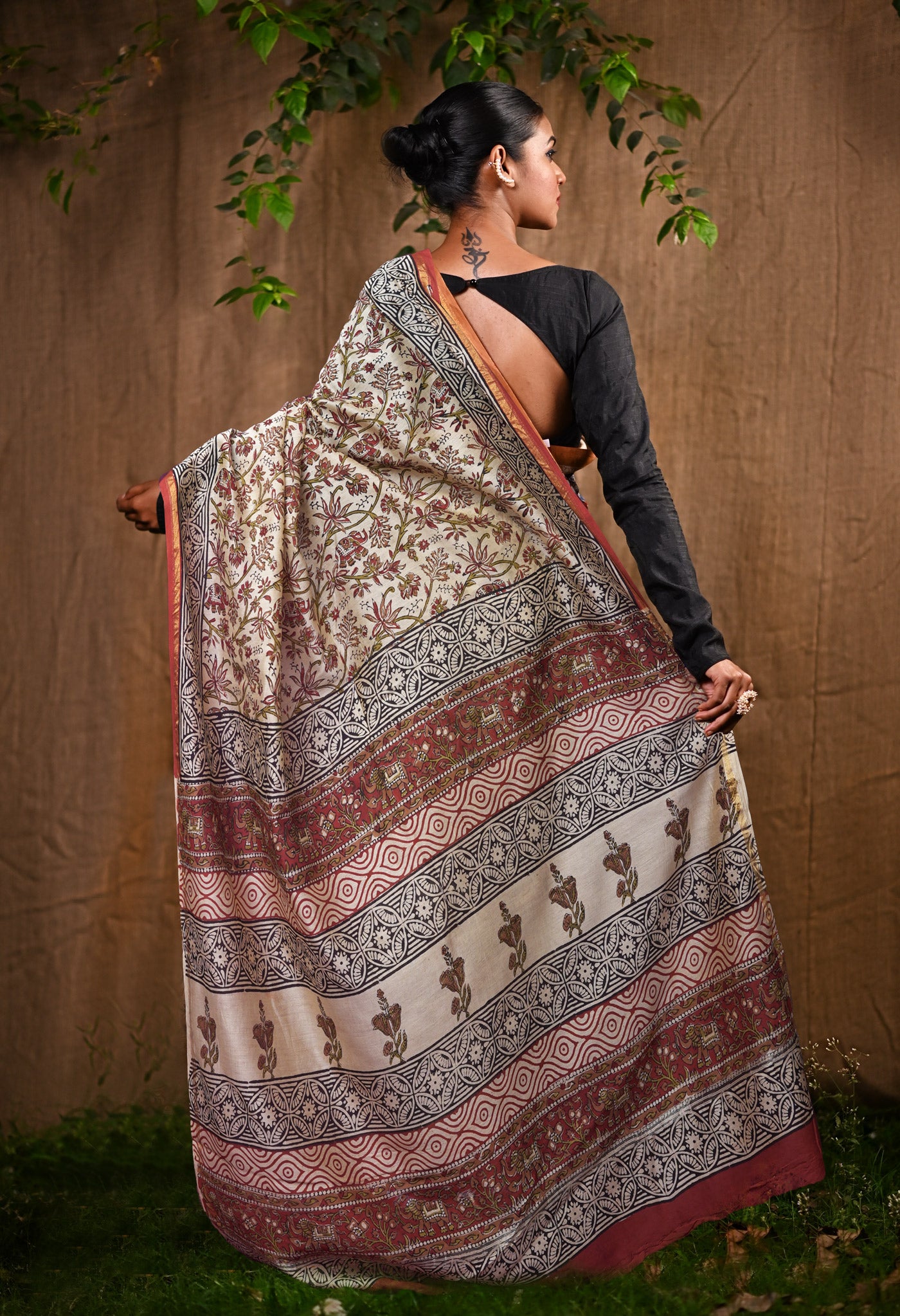 Cream Pure Bagru Kalamkari Printed Chanderi Sico Saree-UNM82659