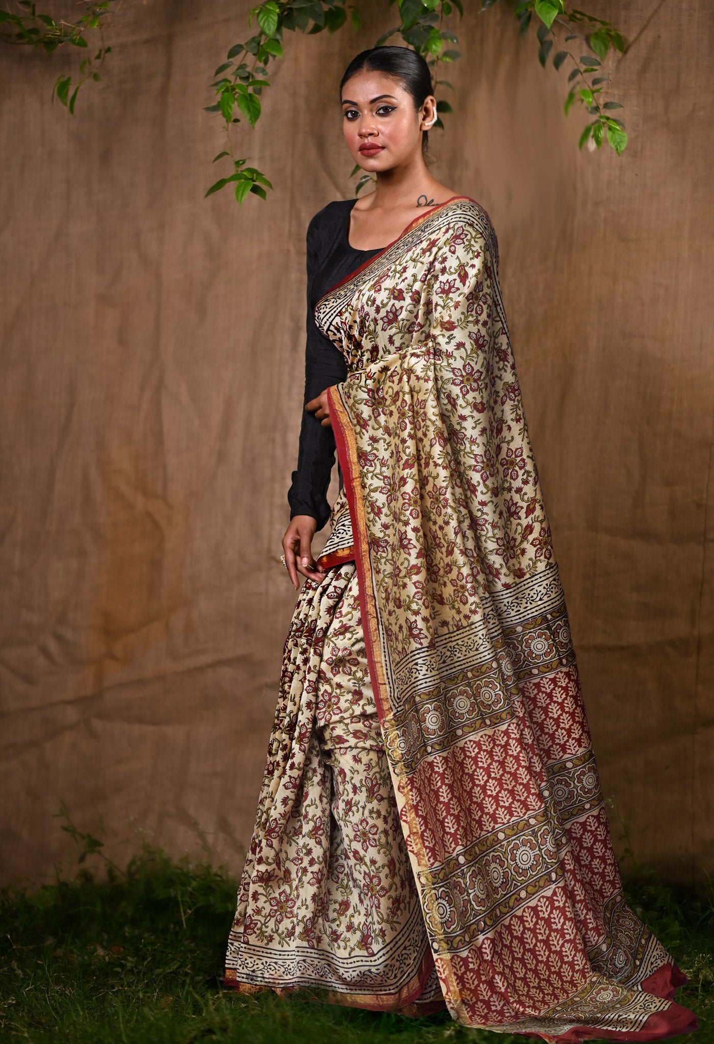 Cream Pure Bagru Kalamkari Printed Chanderi Sico Saree-UNM82660