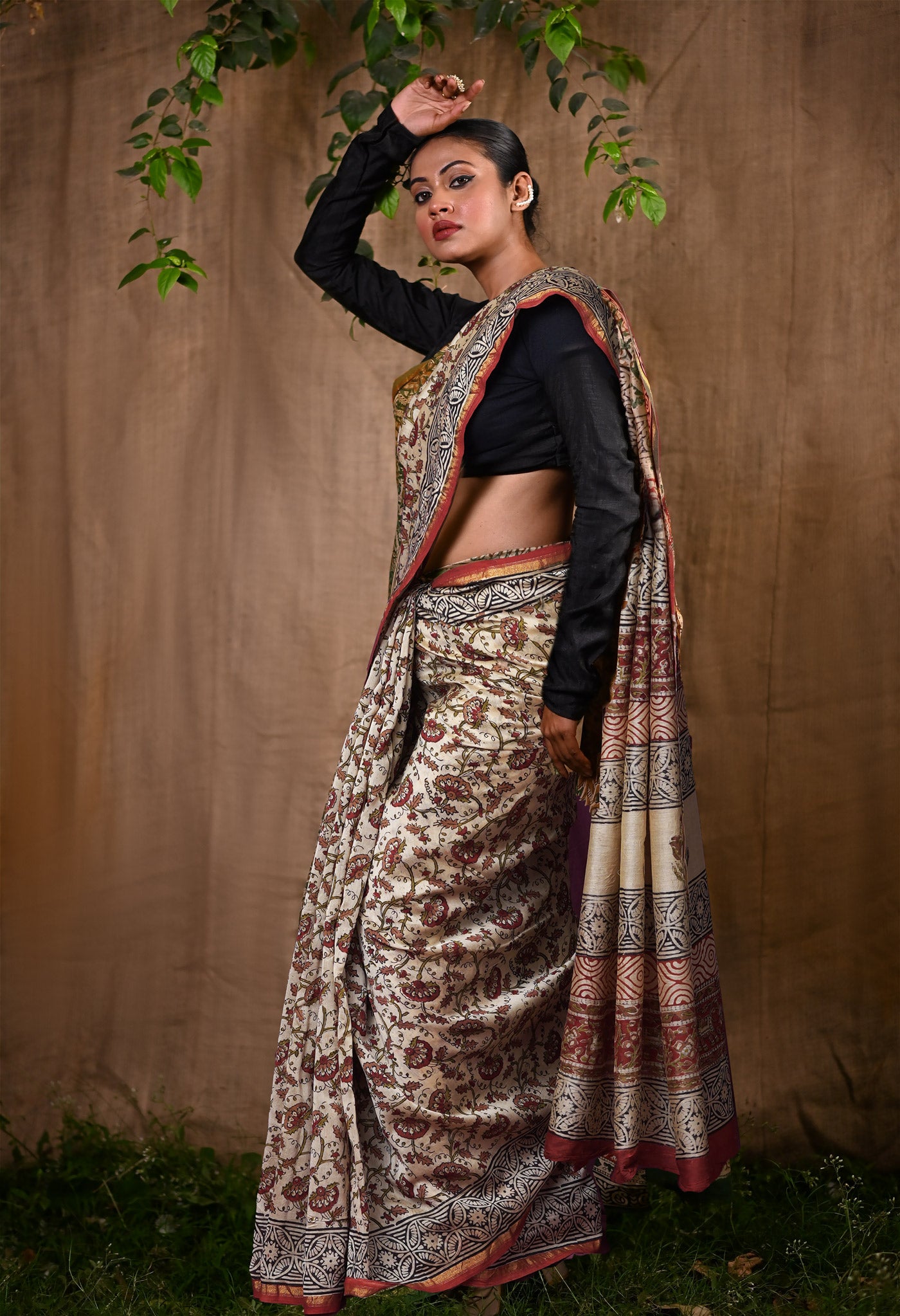 Cream Pure Bagru Kalamkari Printed Chanderi Sico Saree-UNM82661